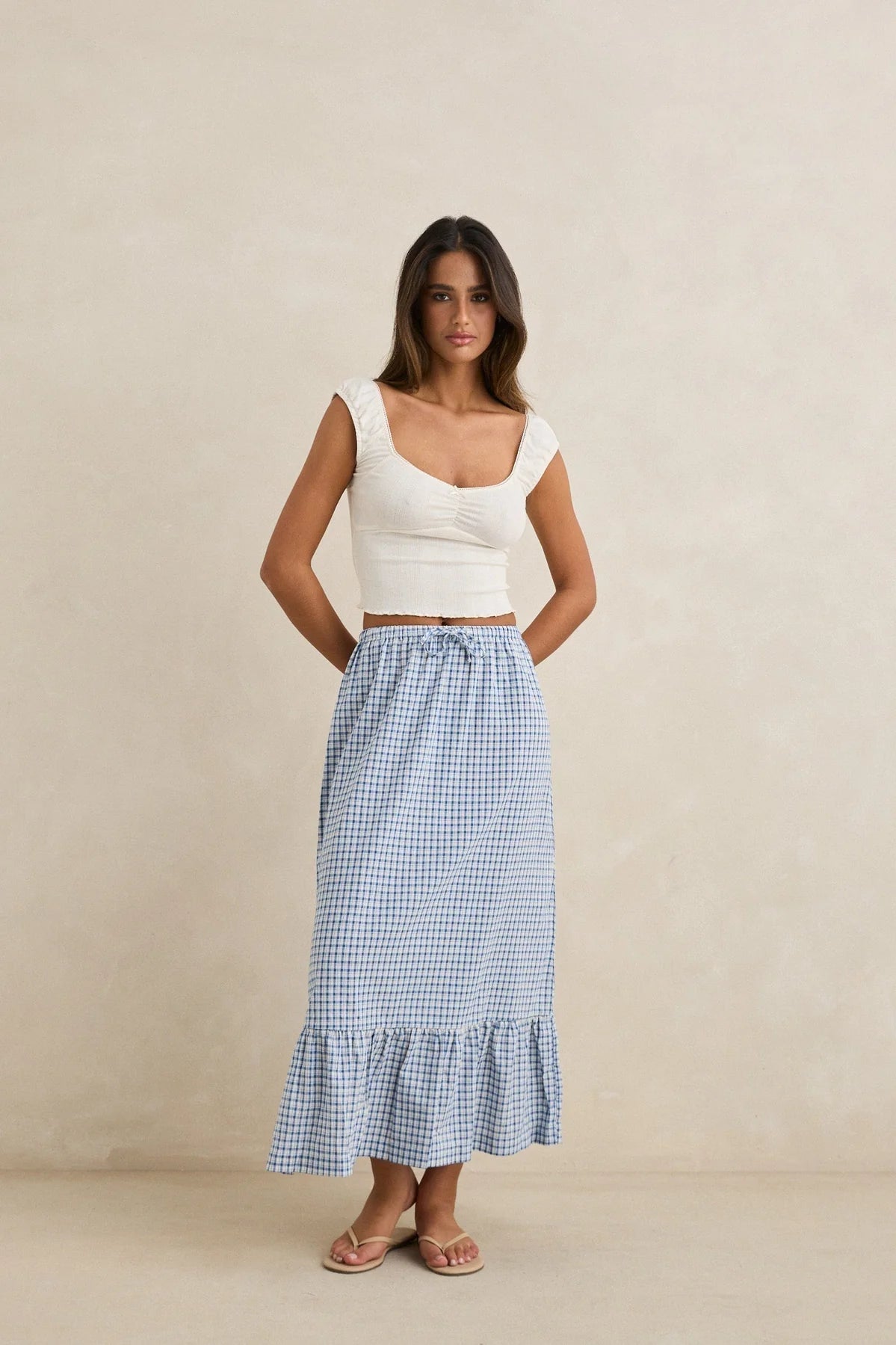 Lola Check Tiered Maxi Skirt - Blue