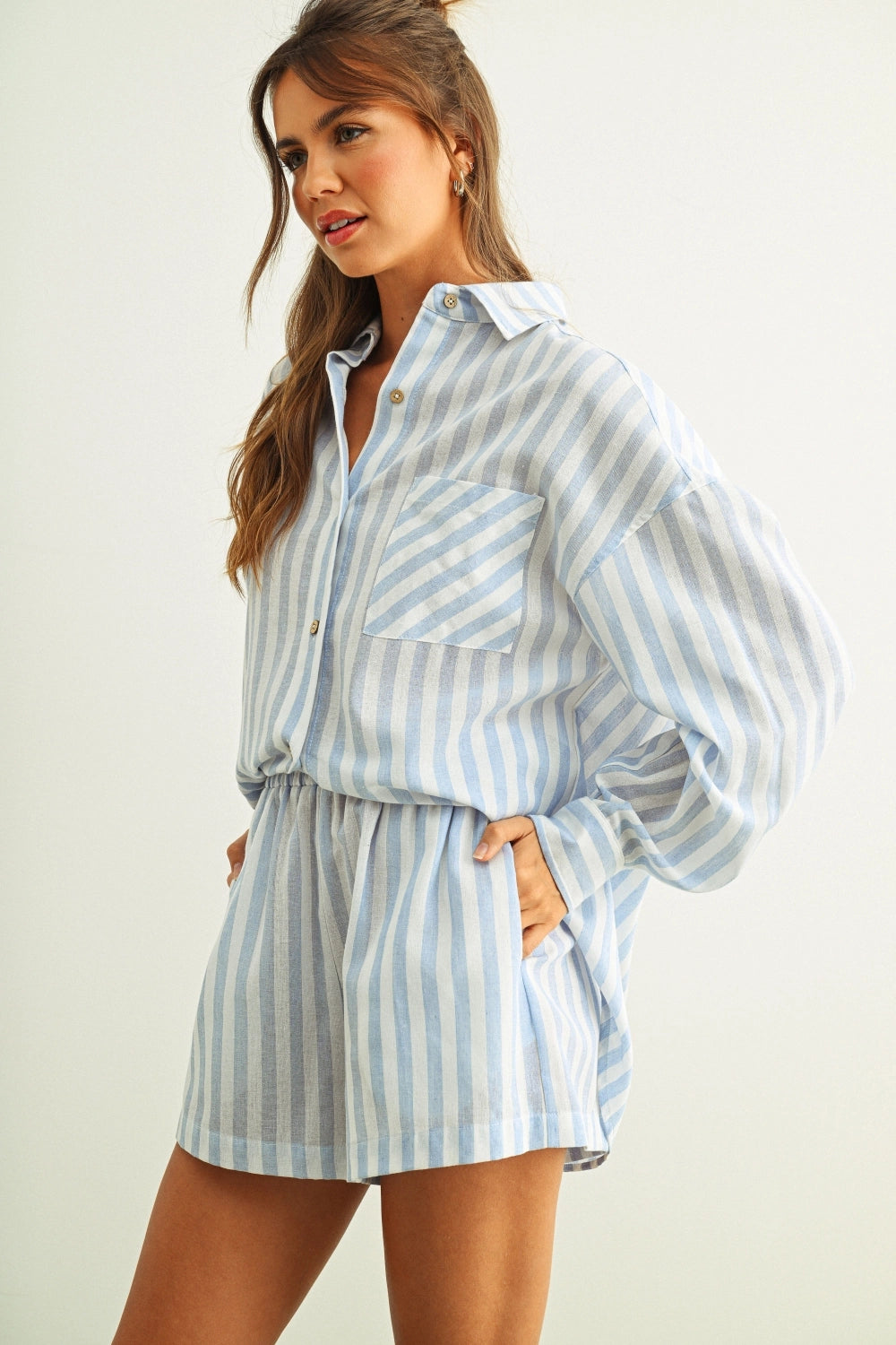 Striped Elastic Waist Shorts - Blue