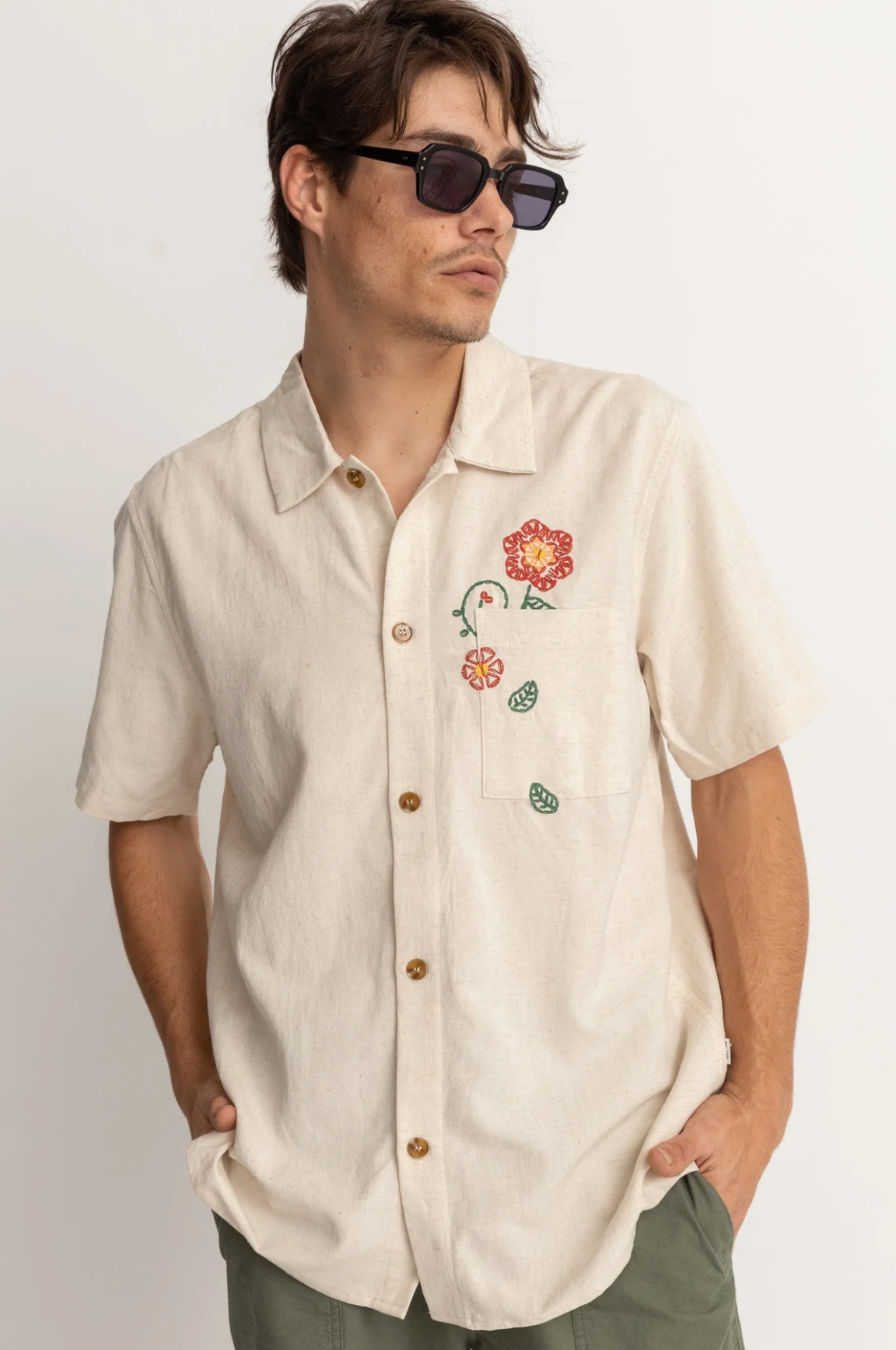 Flower Embroidery Short Sleeve Shirt - Natural