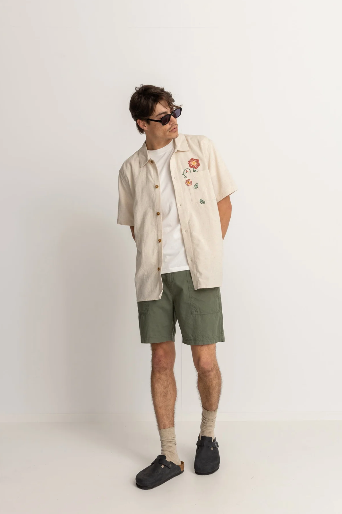 Flower Embroidery Short Sleeve Shirt - Natural