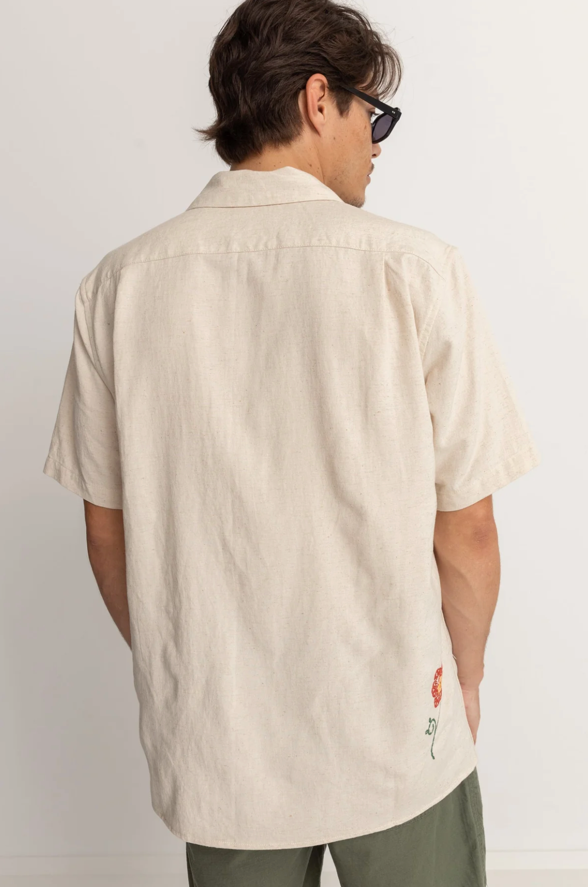 Flower Embroidery Short Sleeve Shirt - Natural