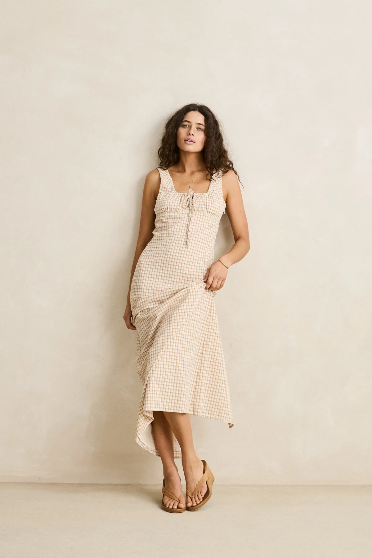 beige check dress Rhythm : London Maxi (Small) Short sleeves Trouser Kenneth Cole | Bubble color:String Seersucker dress