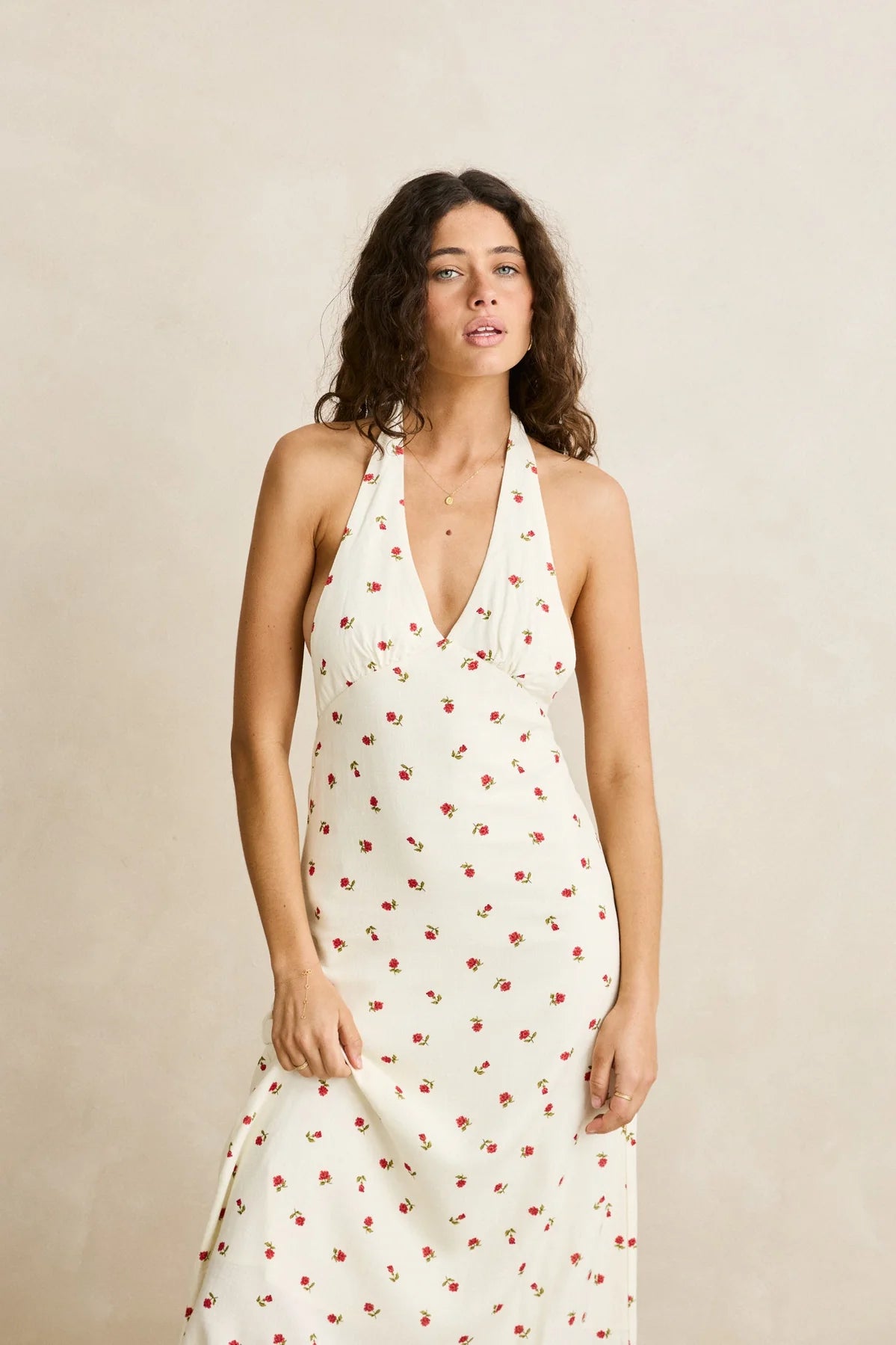 Mila Floral Halter Neck Maxi Dress - Cream