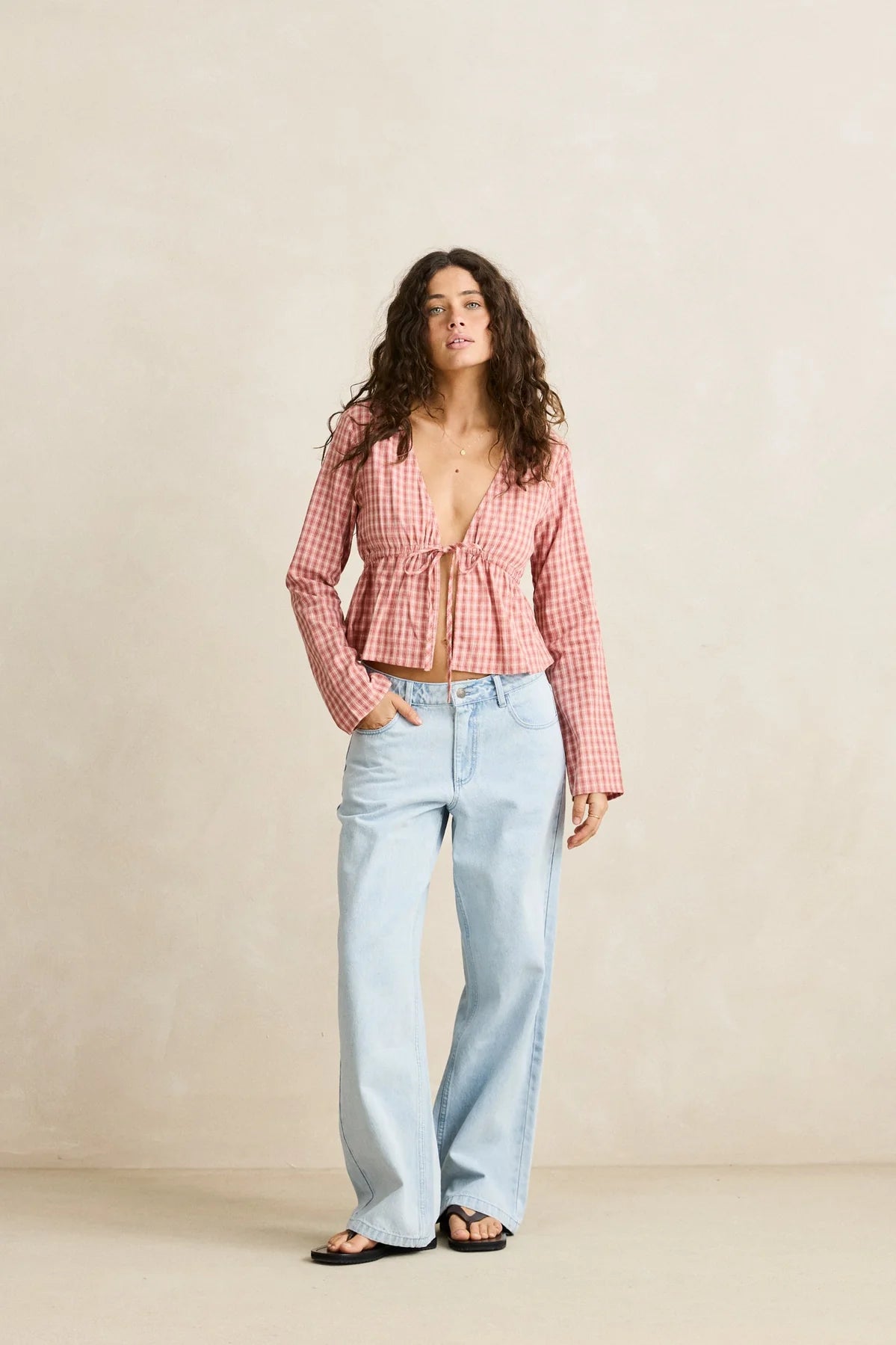 Kirra Check Tie Front Long Sleeve Top - Pink