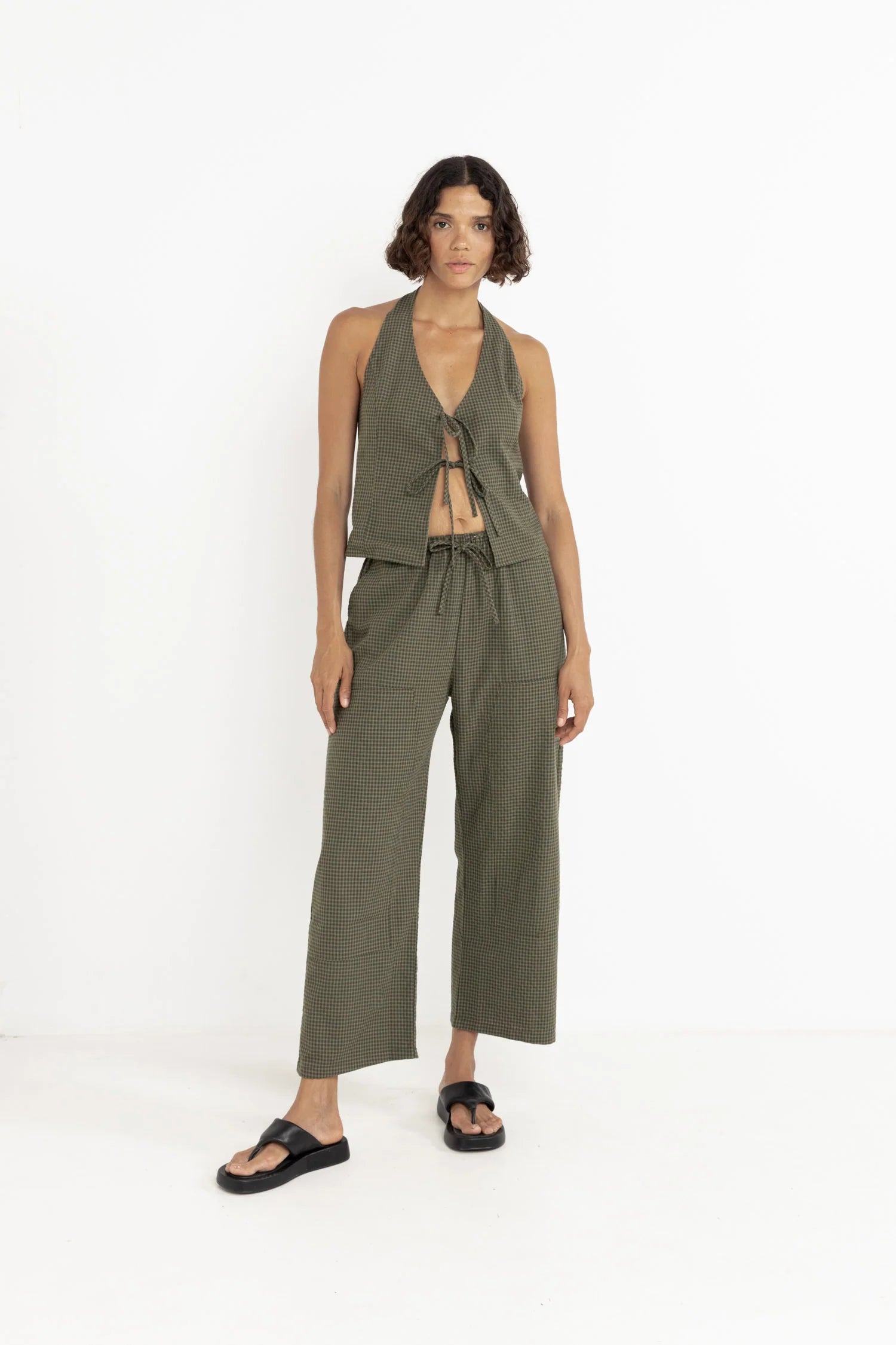 Louise Check Drawstring Pant - Olive
