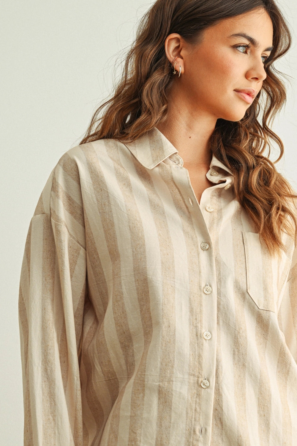 Striped Linen Blend Button-Up Shirt - Oatmeal Stripe