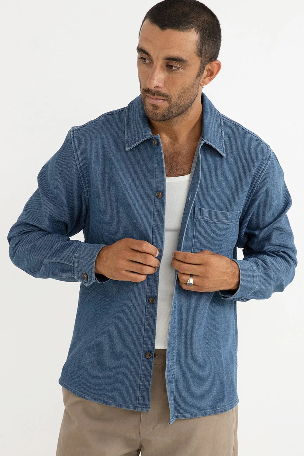 Textured Wale Long Sleeve Shirt - Washed Indigo