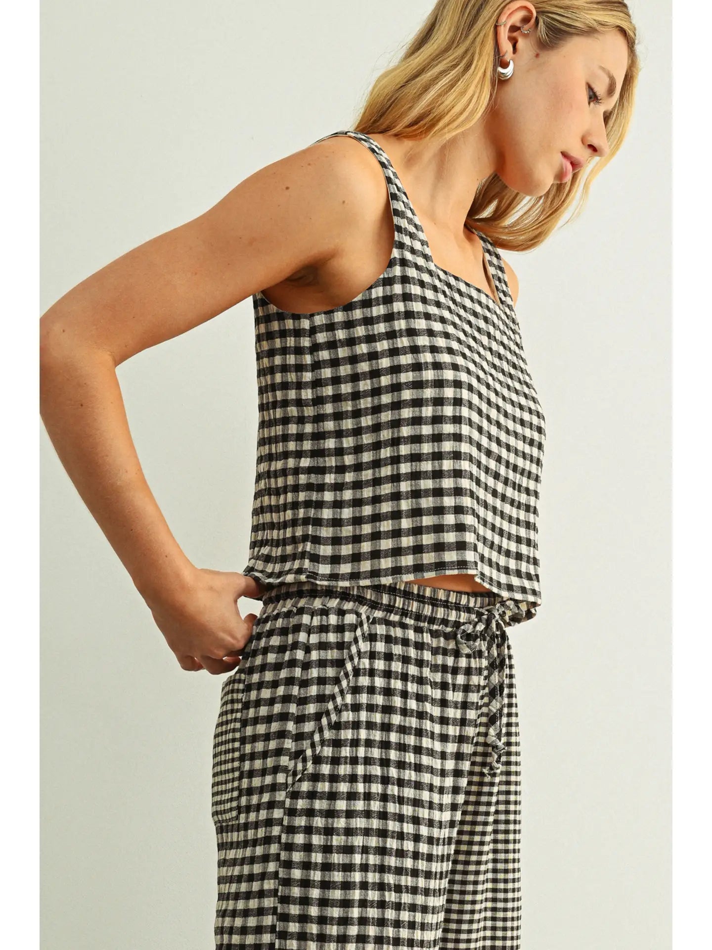 Gingham Square Neck Tank - Black/Cream