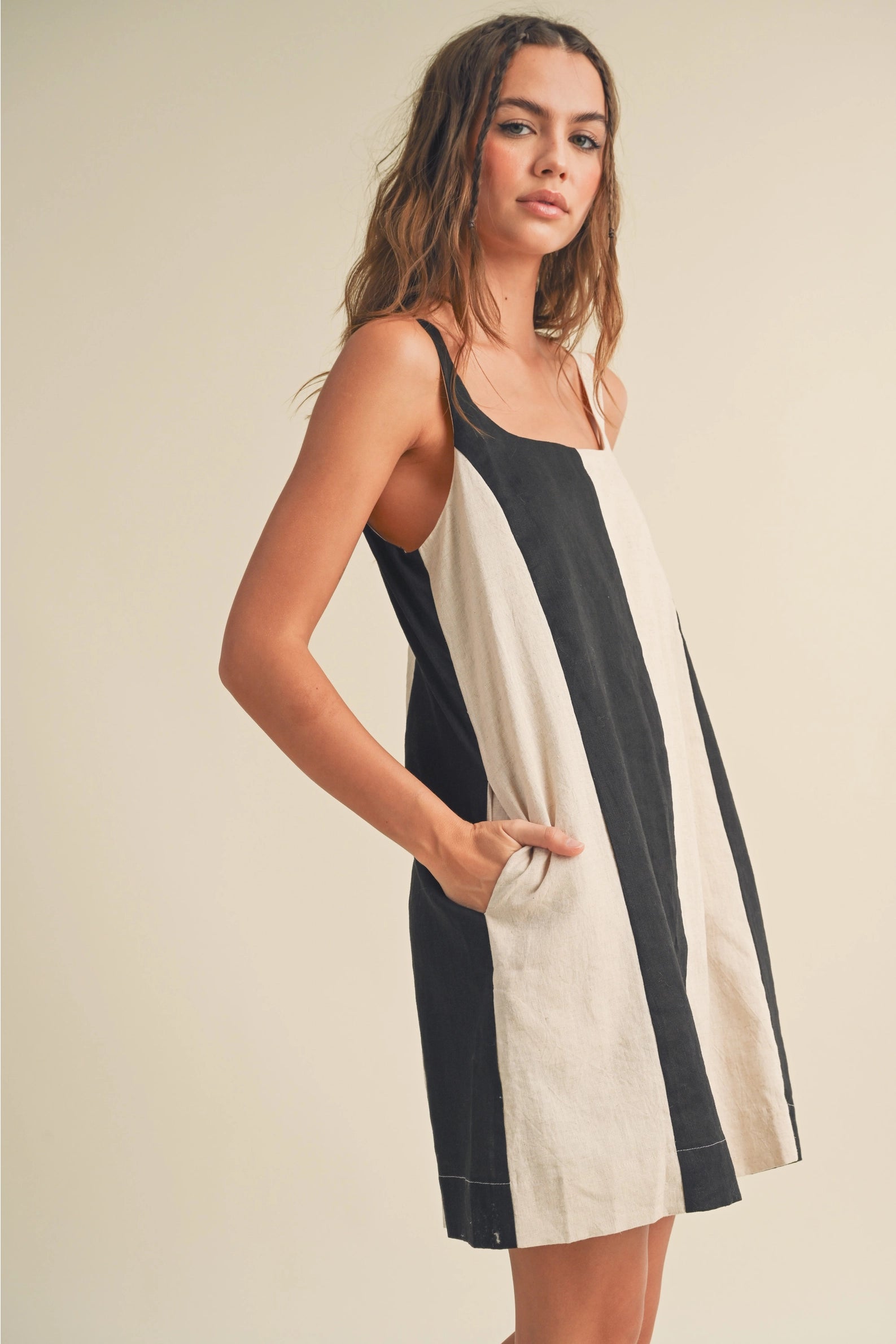 Color Block Linen Mini Dress - Black/Oatmeal
