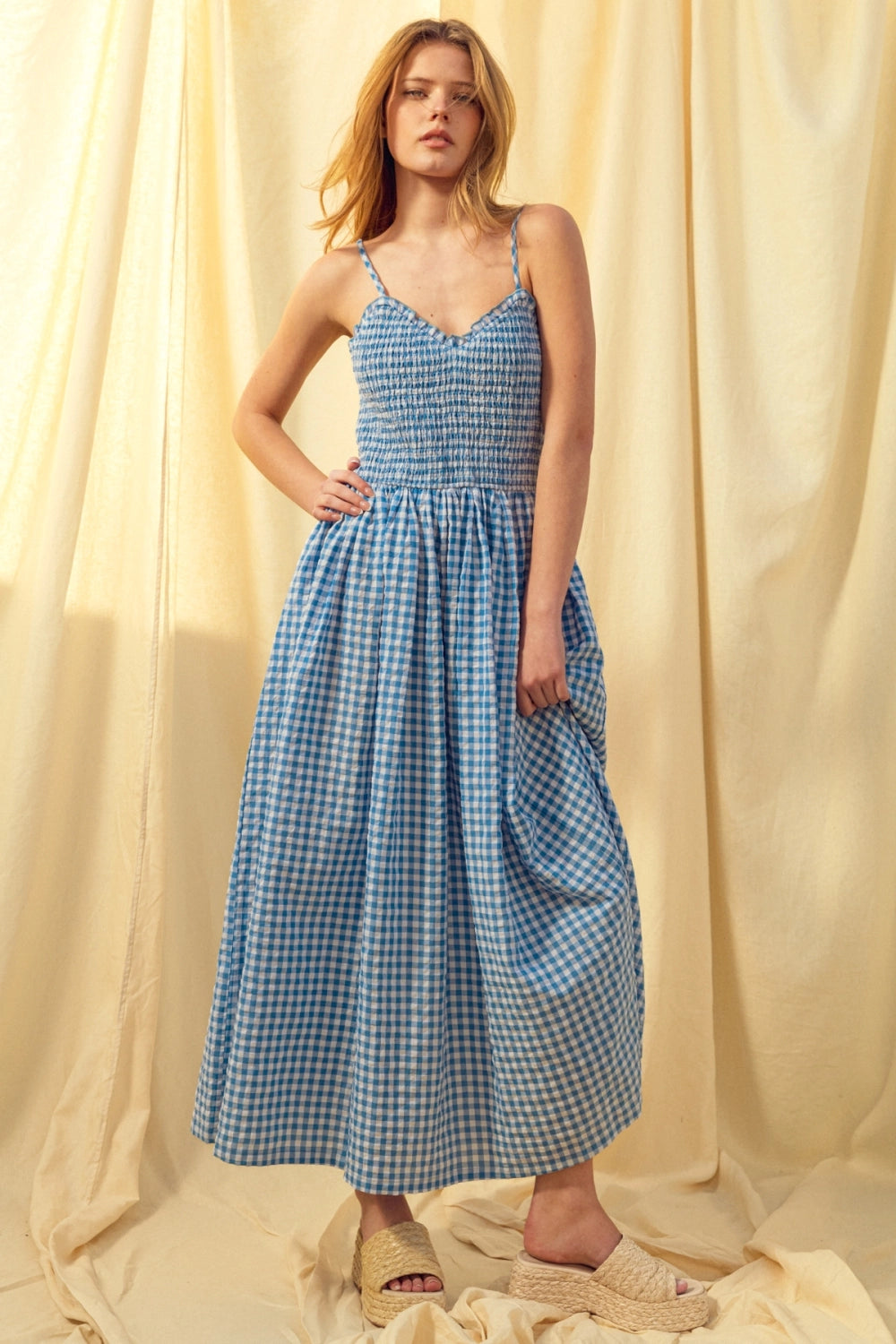 gingham maxi dress Krystina Fabric:Faux-Leather such as two side Light Blue Rhinestone Sequin Size:US 6 / EU 37