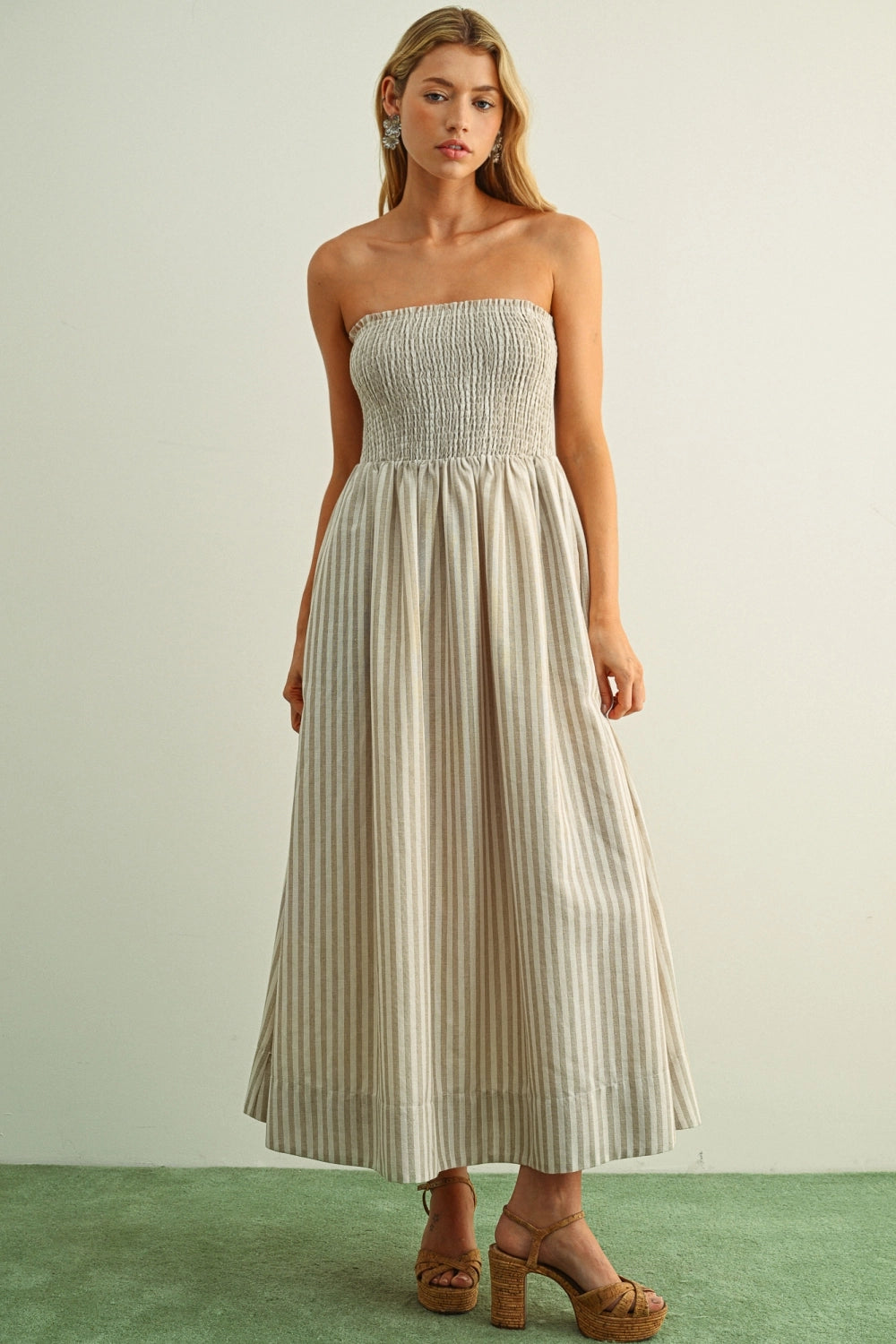 Striped Smocked Maxi Dress - Tan