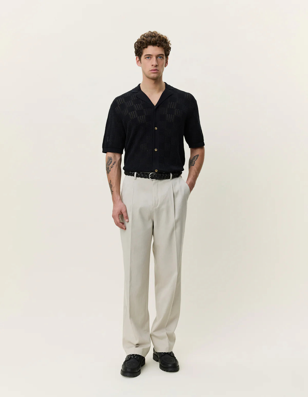 Square Knitted Short Sleeve Shirt - Black
