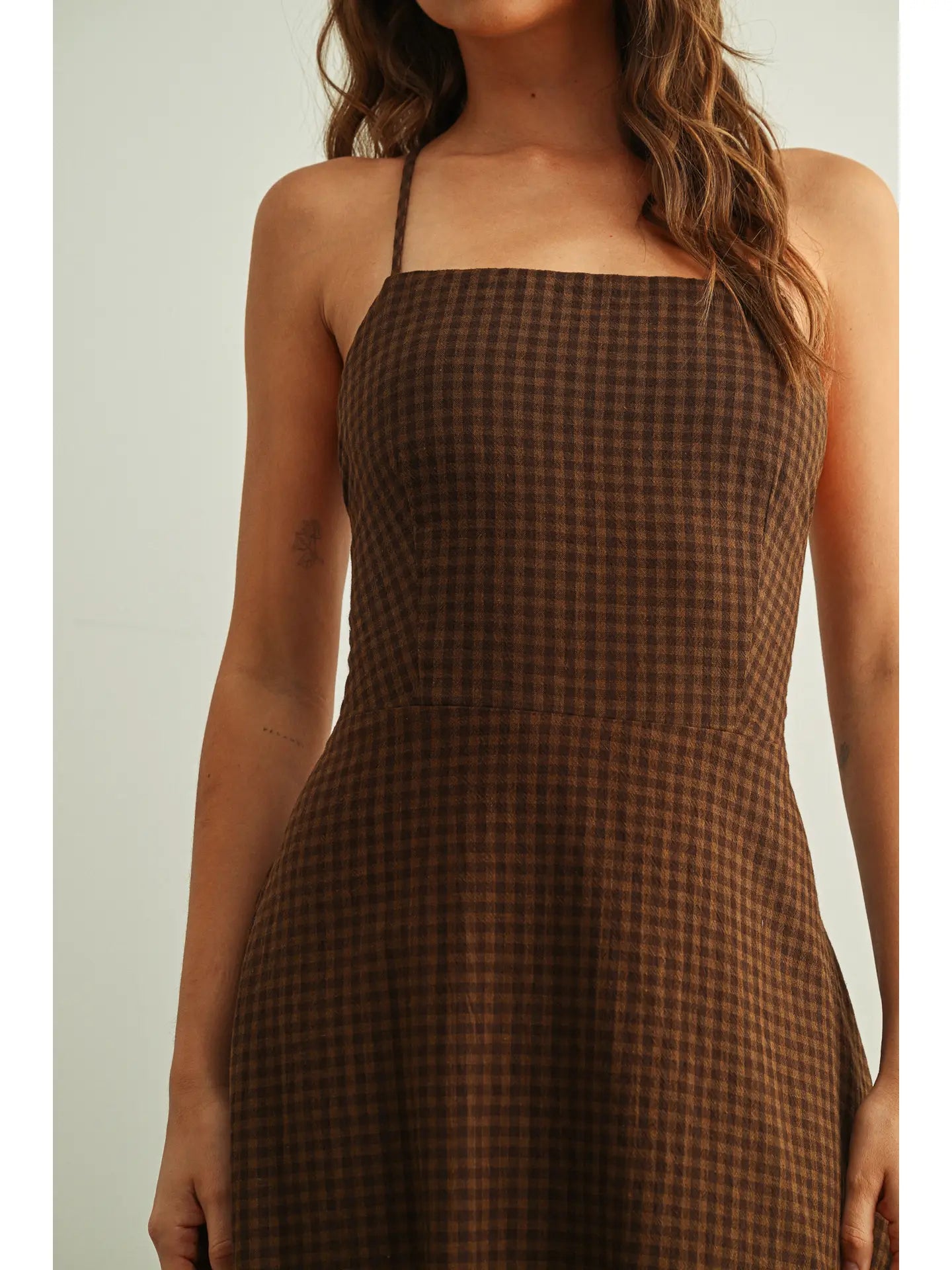 Gingham Lace-Up Maxi Dress - Brown