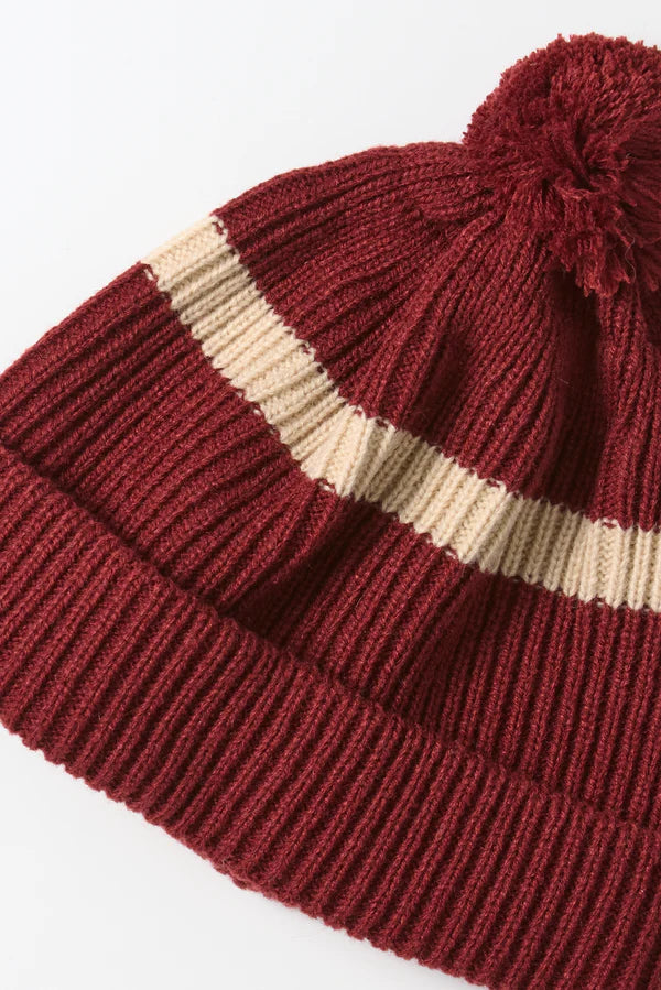 Stripe Pom-pom Beanie / Maroon Winter25