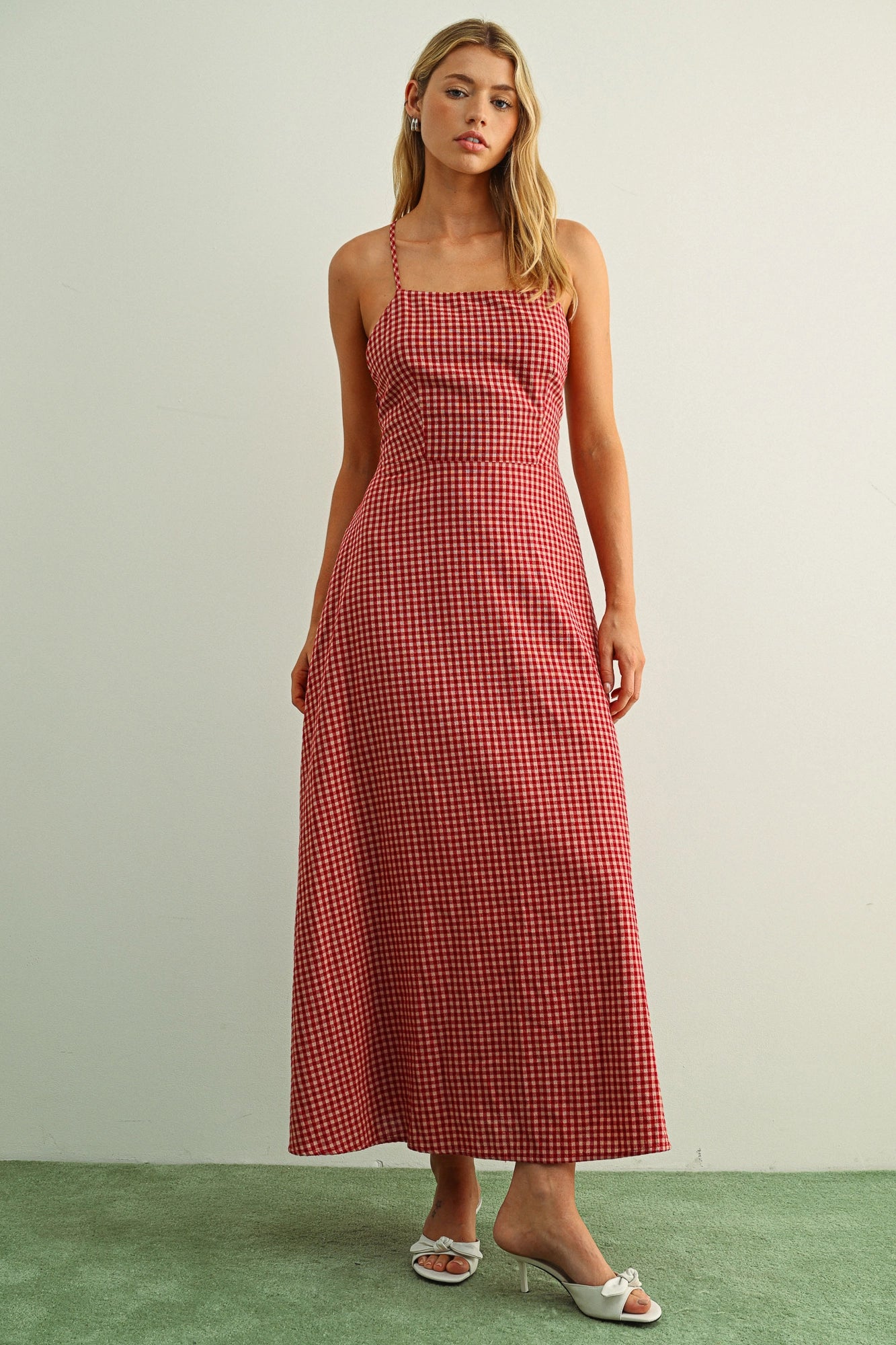 Gingham Lace-Up Maxi Dress - Red