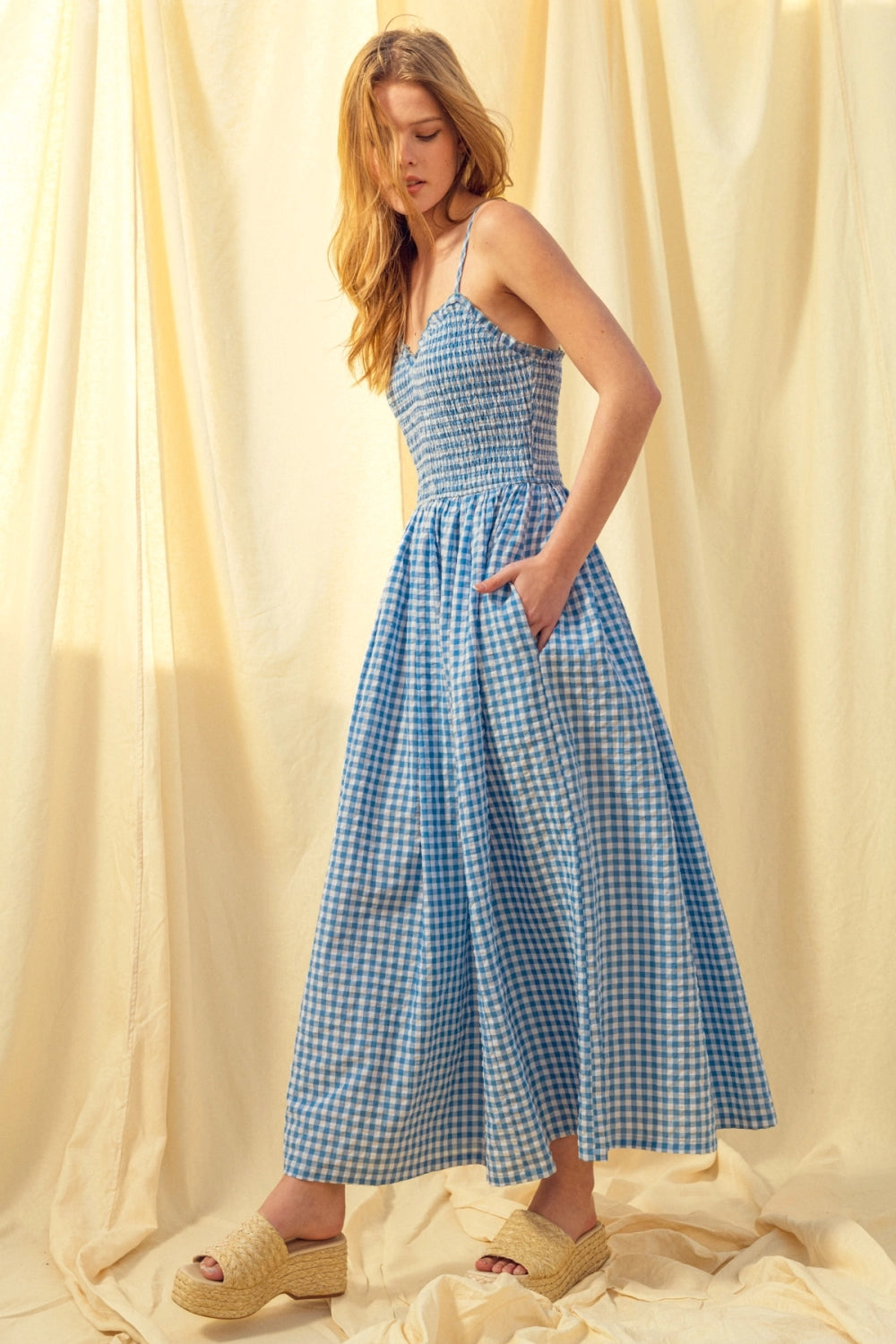 Gingham Print Long Dress - Blue