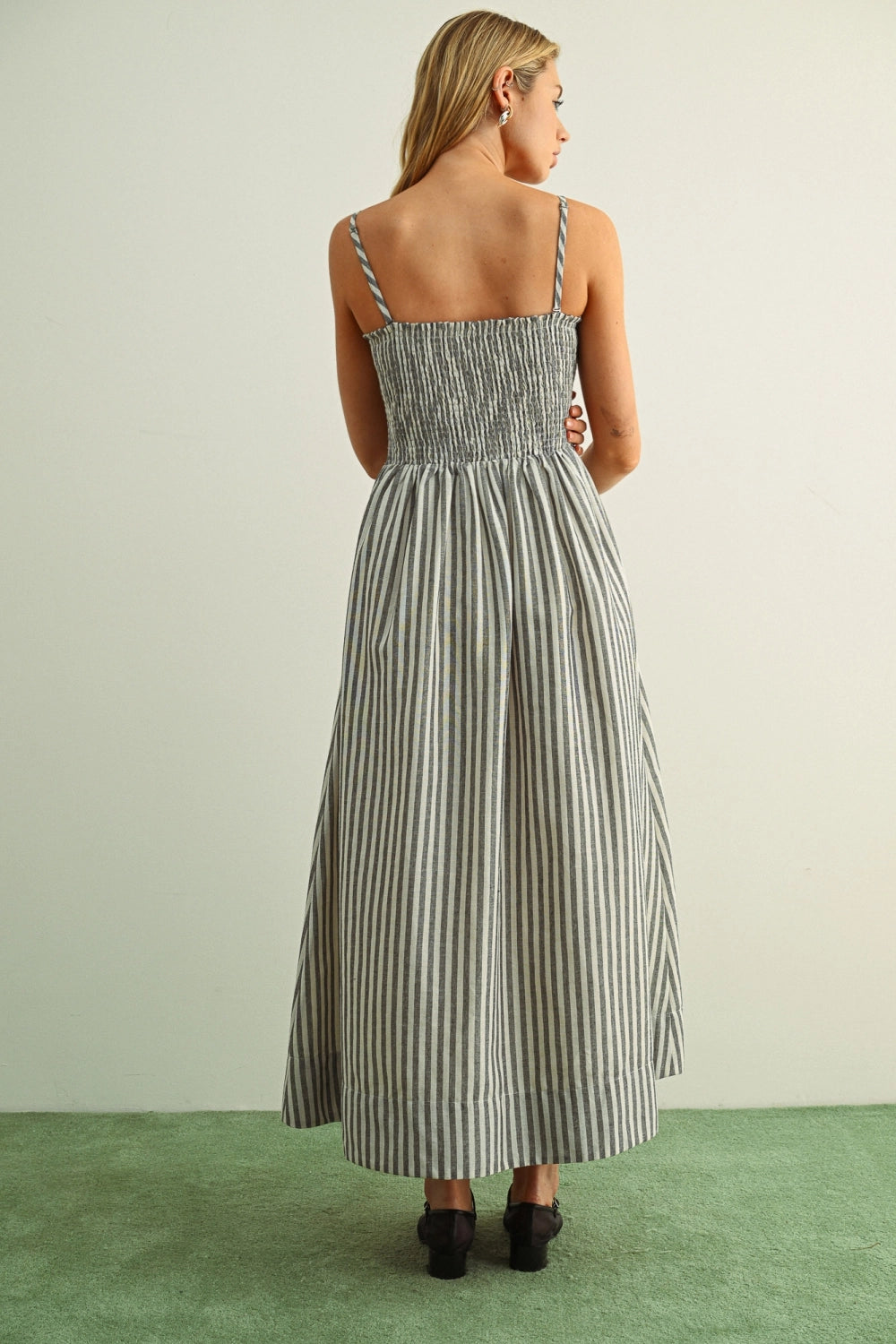 Striped Smocked Maxi Dress - Black