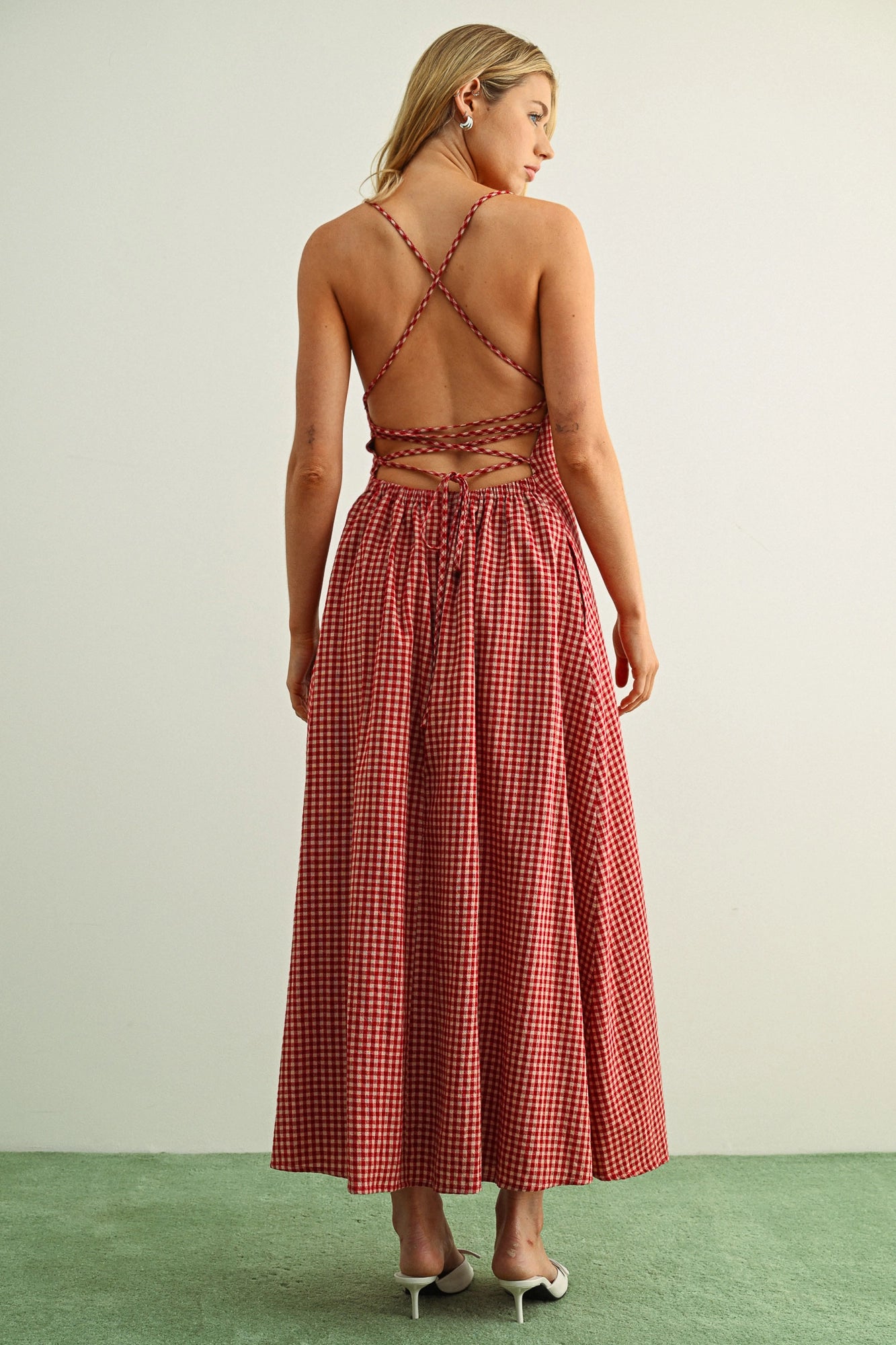 Gingham Lace-Up Maxi Dress - Red