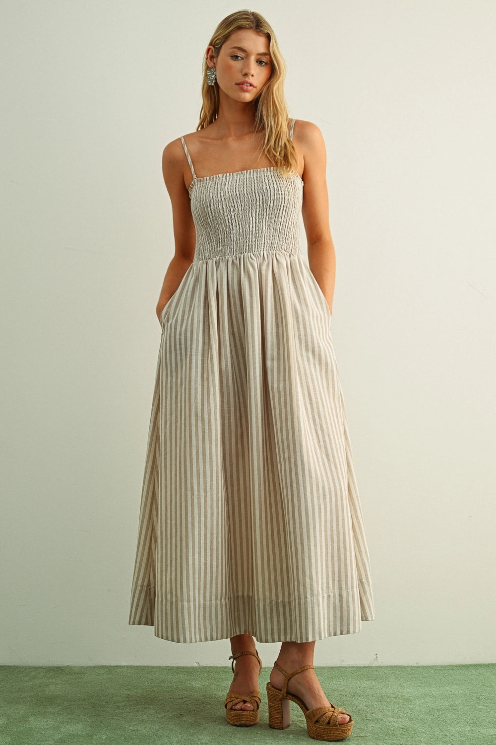 Striped Smocked Maxi Dress - Tan