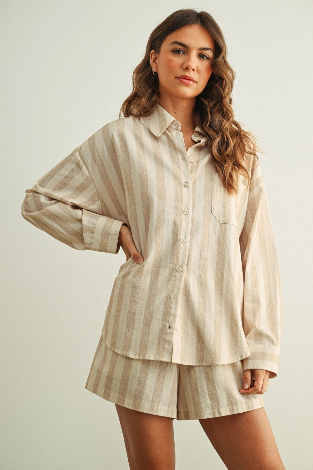 Striped Linen Blend Button-Up Shirt - Oatmeal Stripe