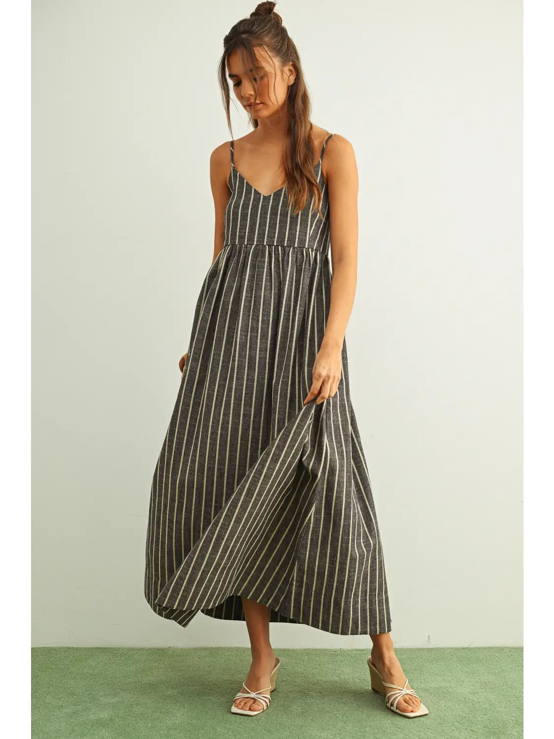 Striped Sleeveless Maxi Dress - Charcoal/Beige