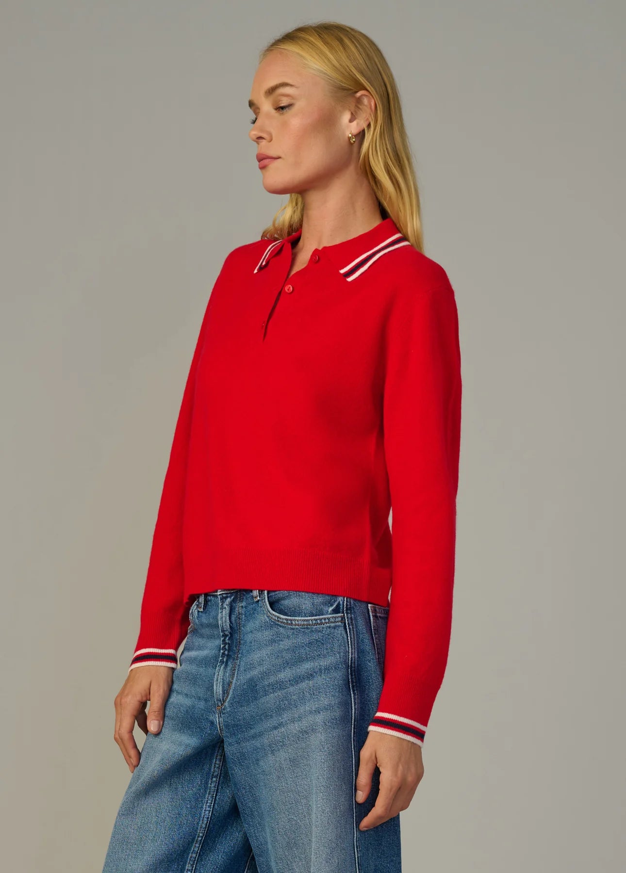The Long Sleeve Cashmere Polo - Cherry Red