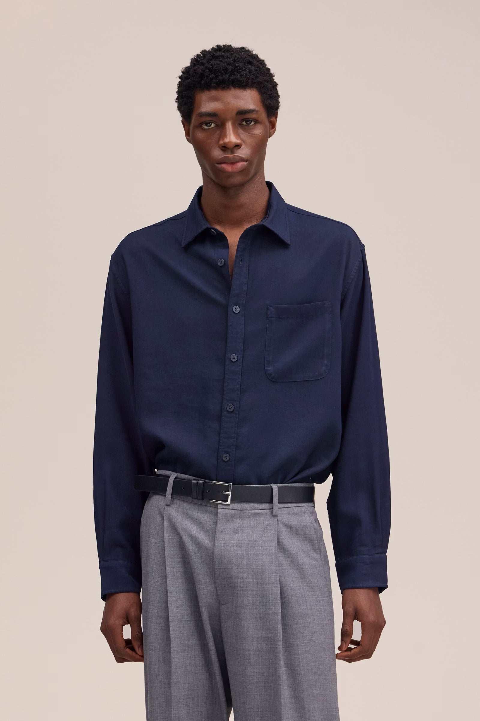 Deon Drapey Viscose Blend Shirt - Navy Blue