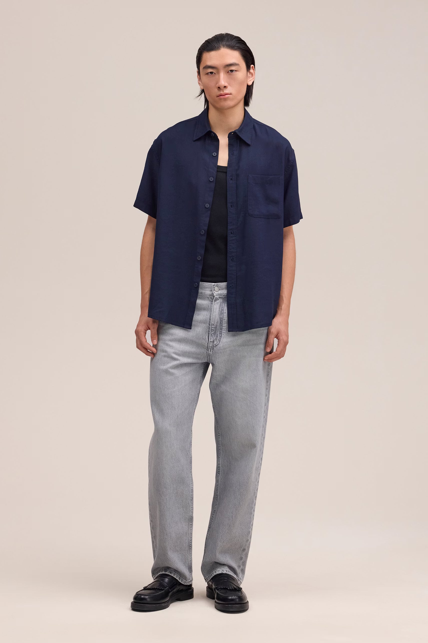 Deon - Drapey Viscose Blend Shirt - Navy Blue