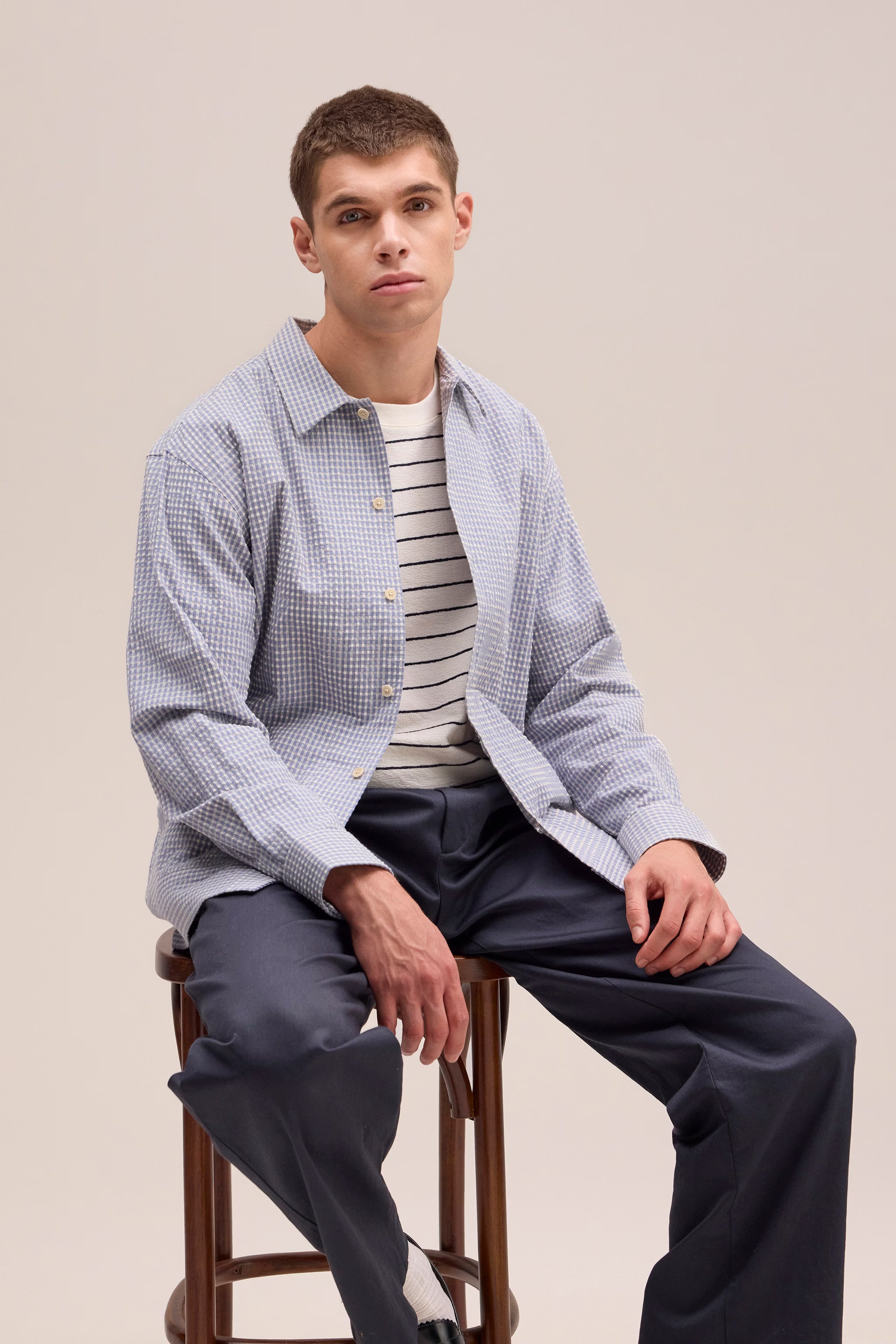 Reed - Seersucker Overshirt - Stone Blue