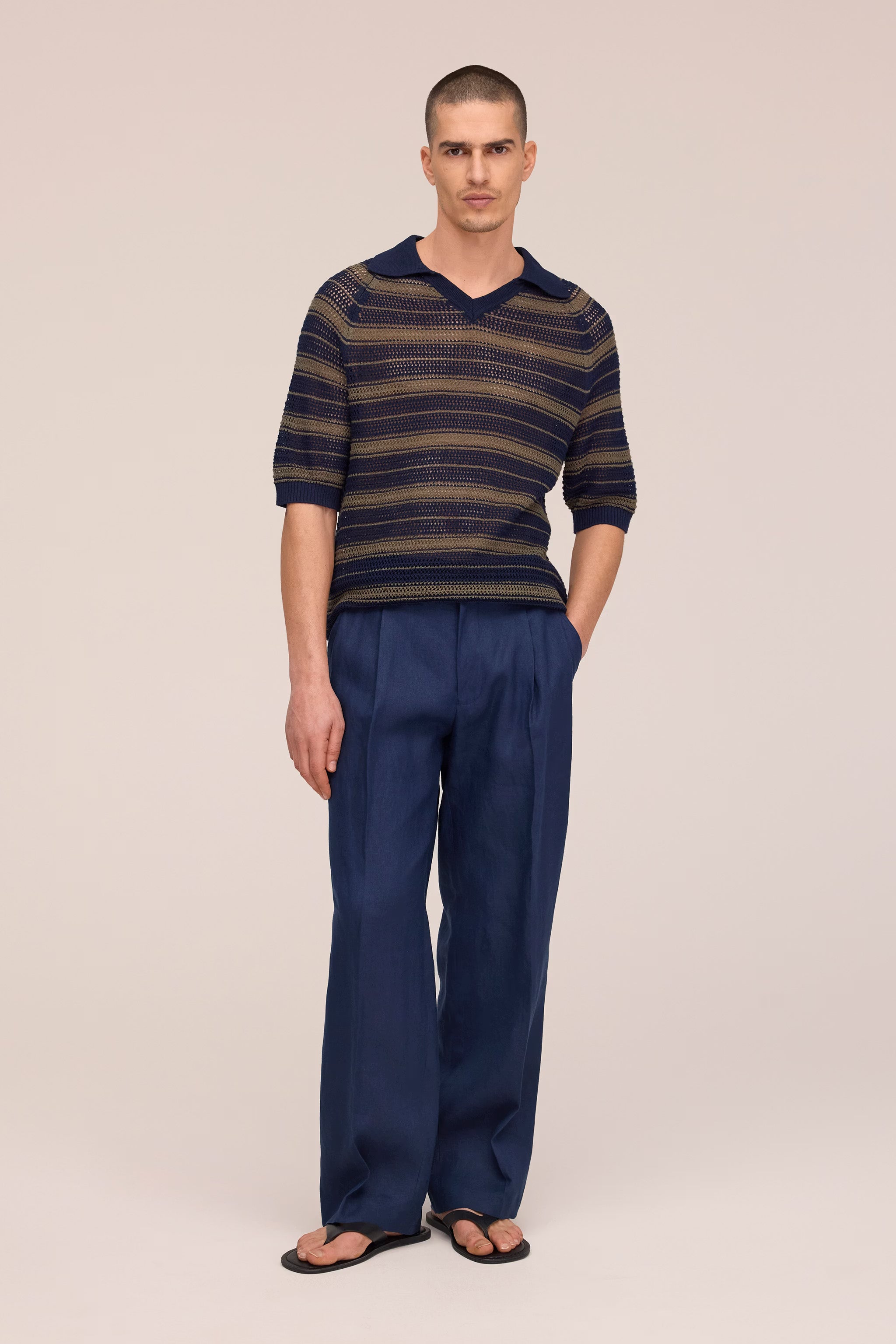 Cale - V-Neck Polo - Capers Stripe