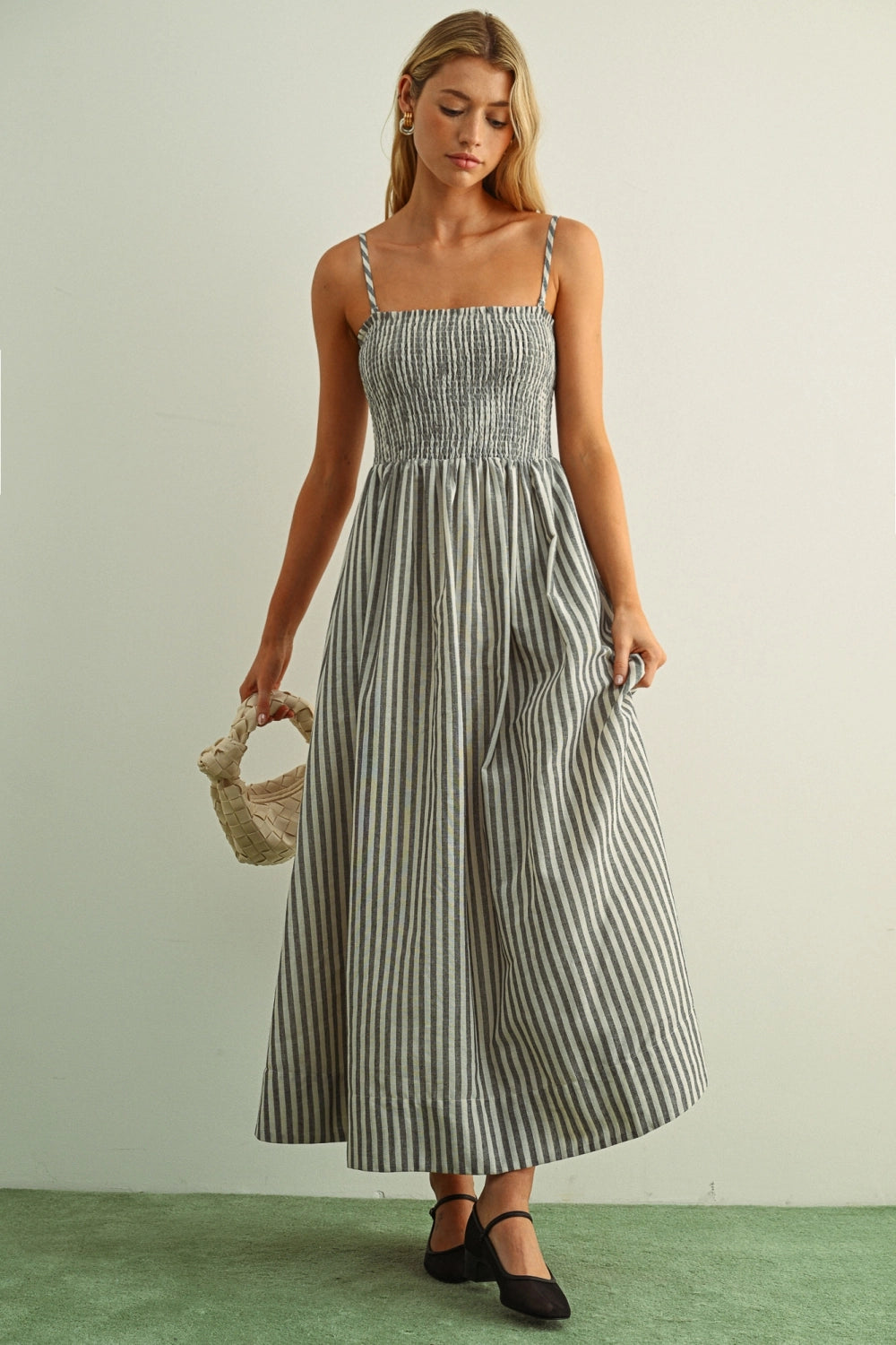 Striped Smocked Maxi Dress - Black
