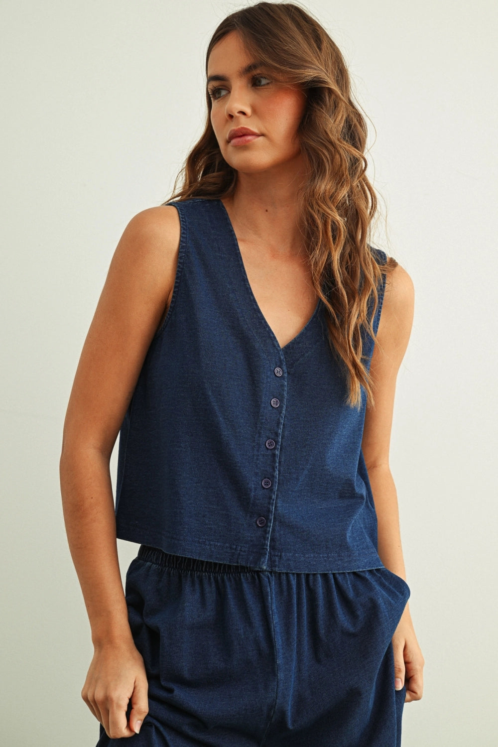 Washed Knit Button-Front Tank - Indigo Blue