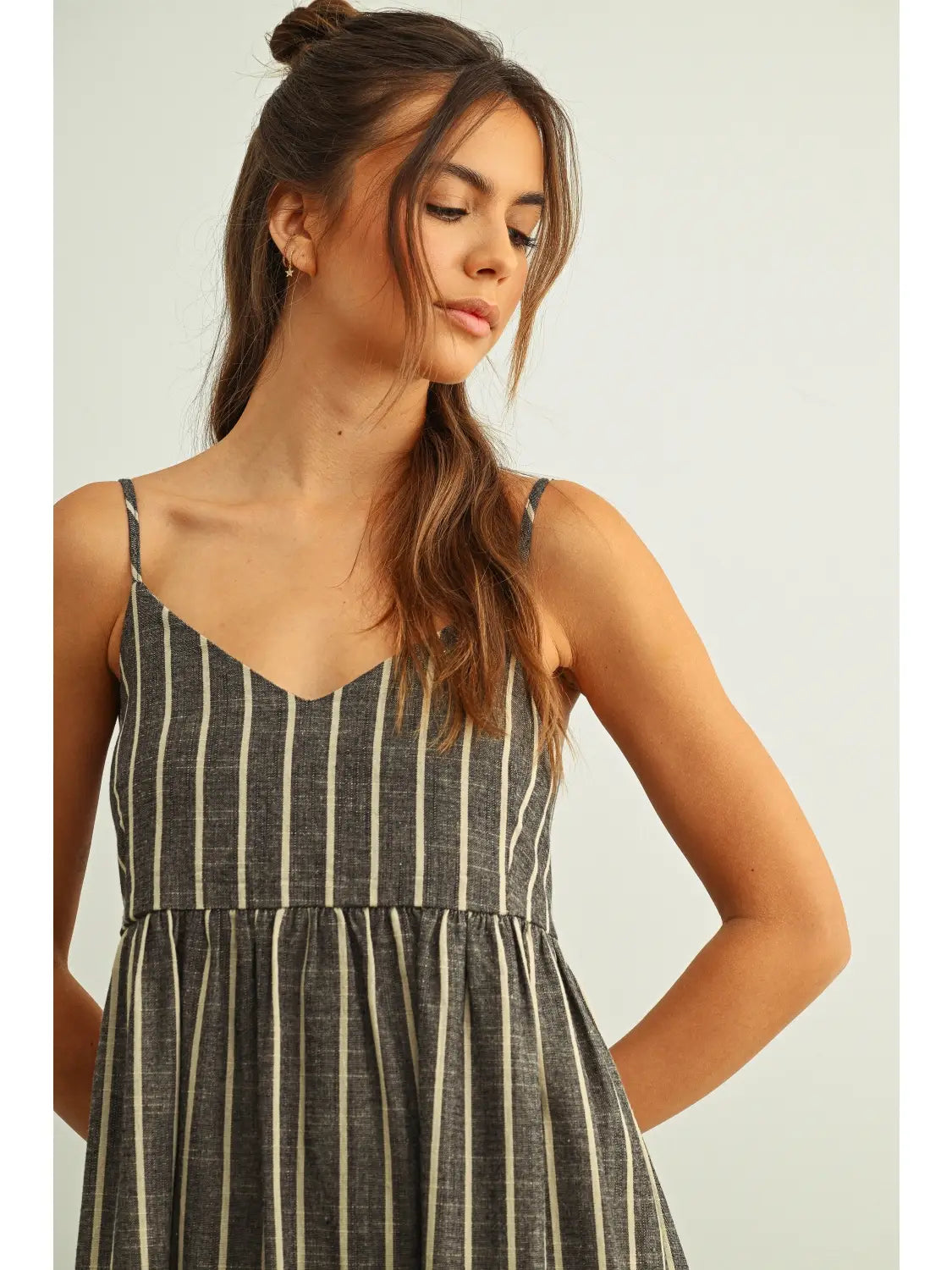 Striped Sleeveless Maxi Dress - Charcoal/Beige