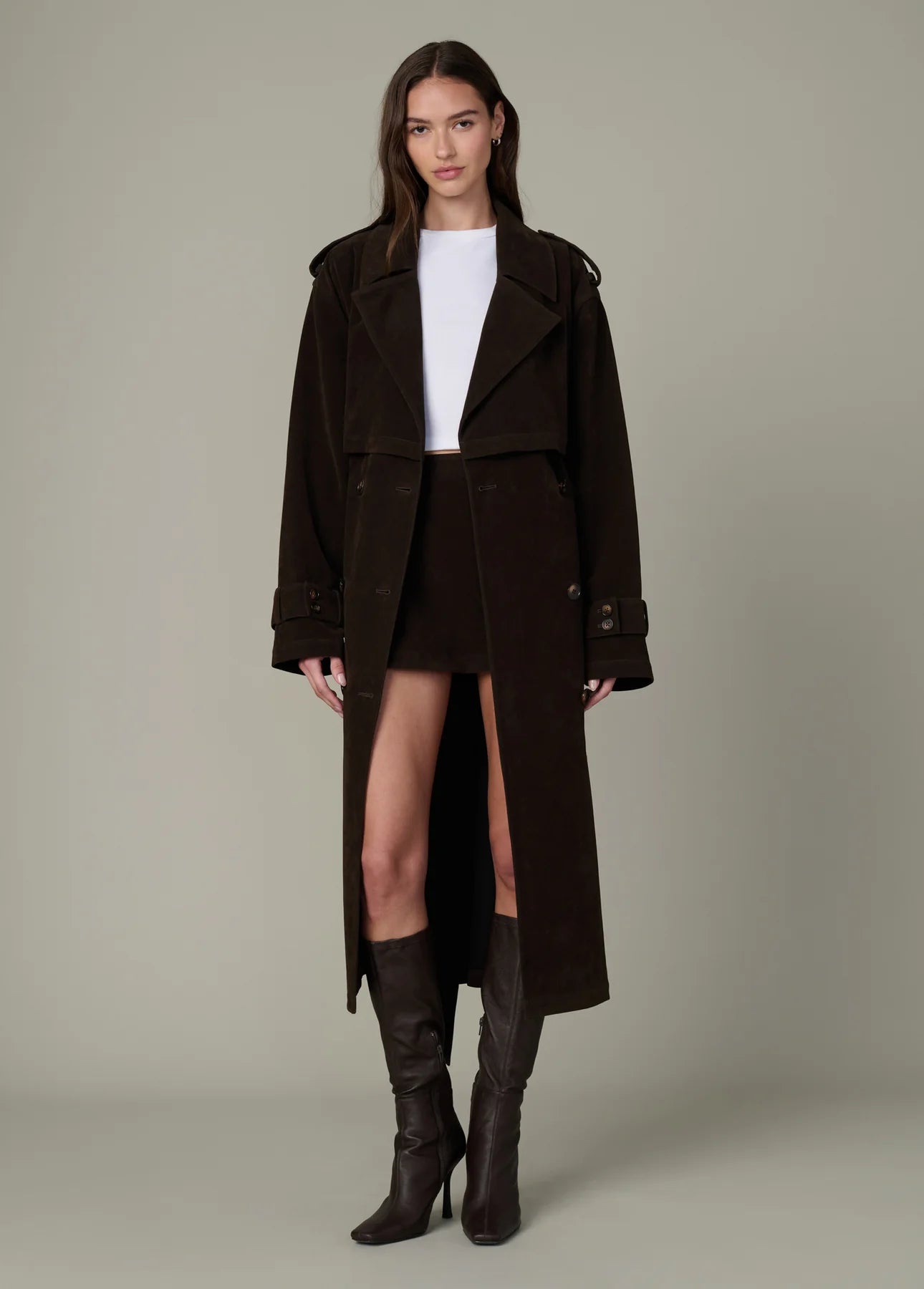 The Elizabeth Vegan Suede Trench Coat - Dark Chocolate