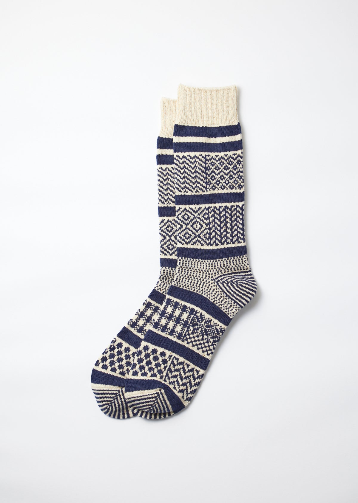 Multi Jacquard Crew Socks - Ivory/Navy