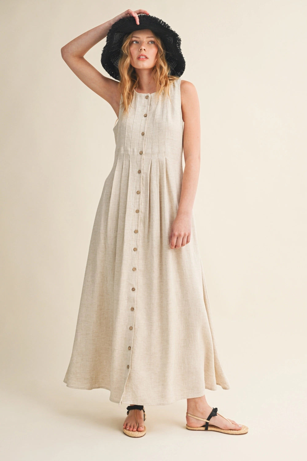 Pleated Button-Front Linen Maxi Dress
