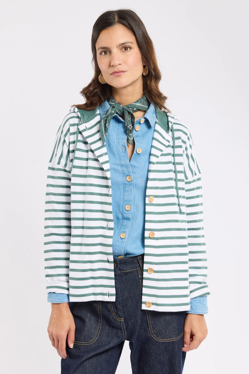 Striped Button-up Cardigan - Rustic Cotton - Blanc/Silver Pine
