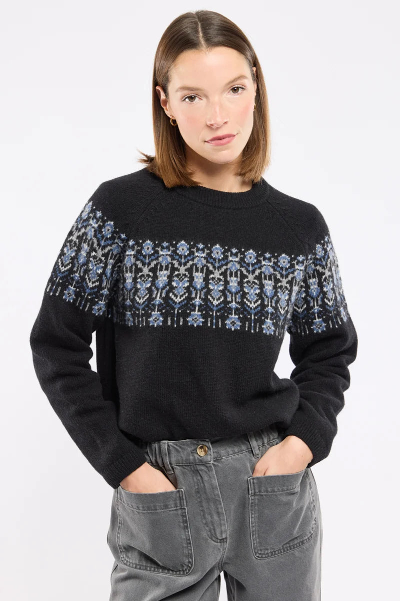 Héritage Jacquard Sweater - Wool - Jacquard Fleurs Noir