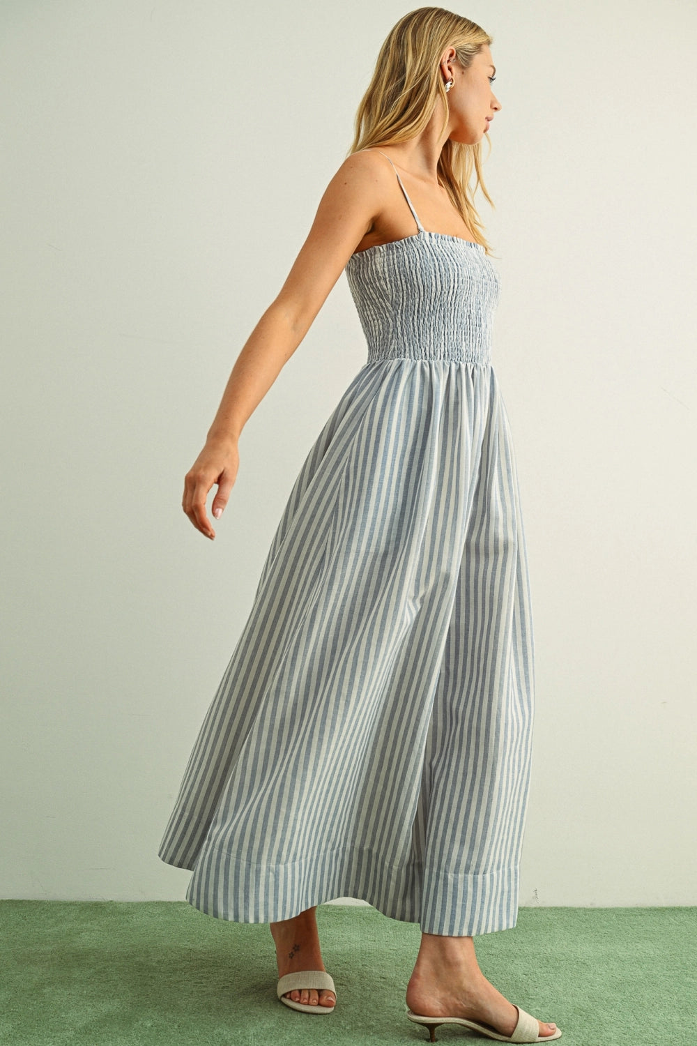 Cotton Striped Smock Maxi Dress Small / BLUE