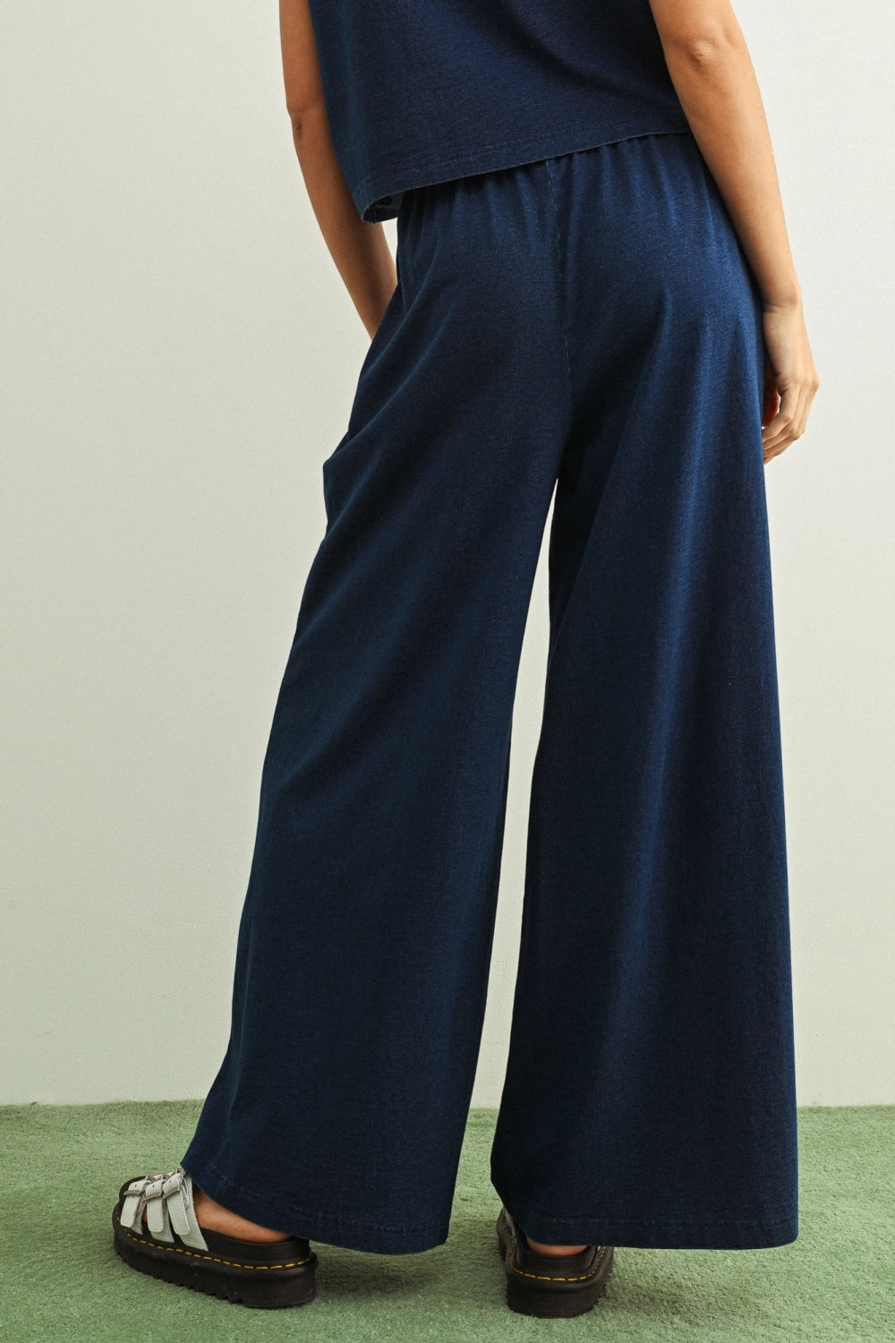 Washed Knit Wide Leg Pants - Indigo Blue