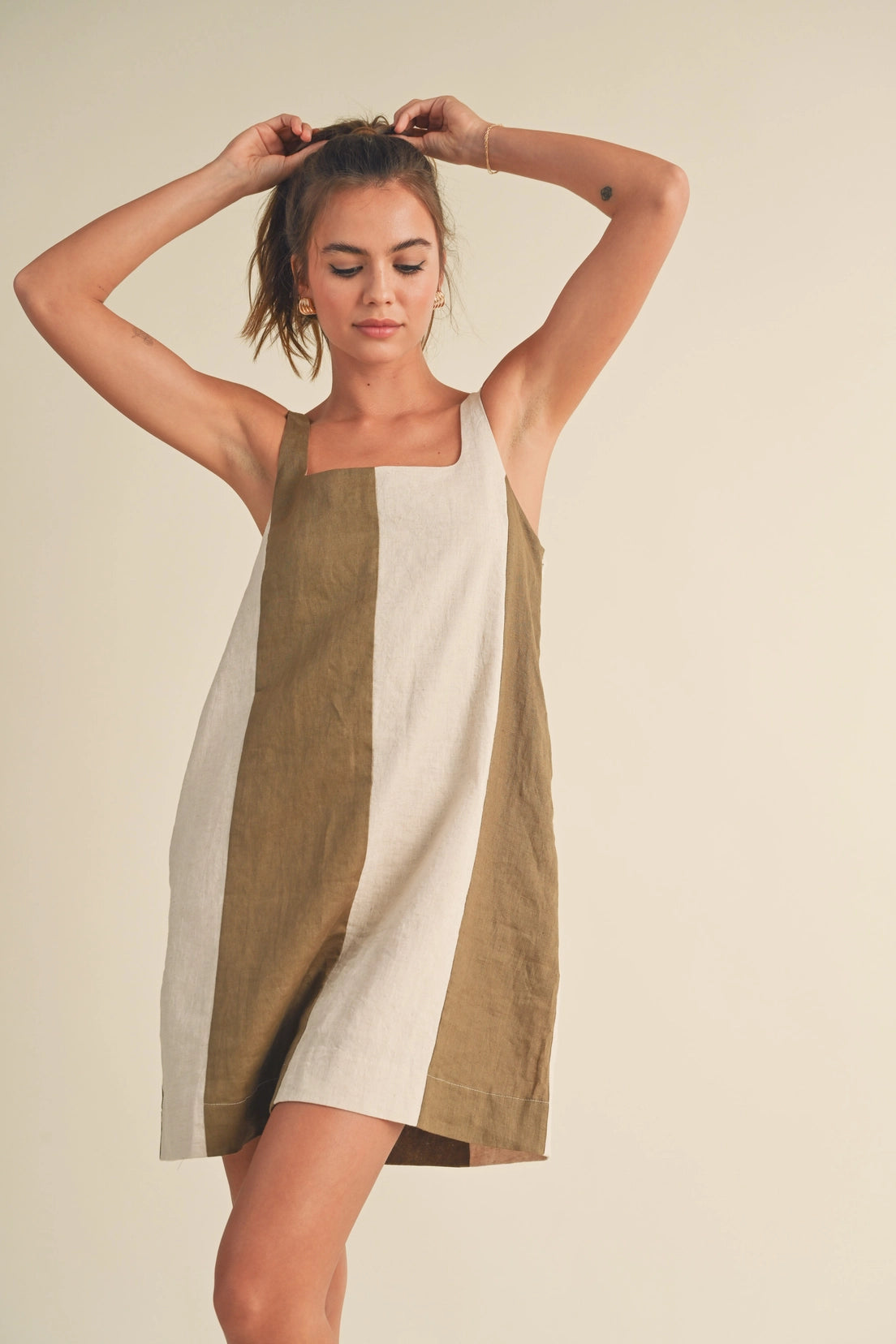 Color Block Linen Mini Dress - Olive/Oatmeal