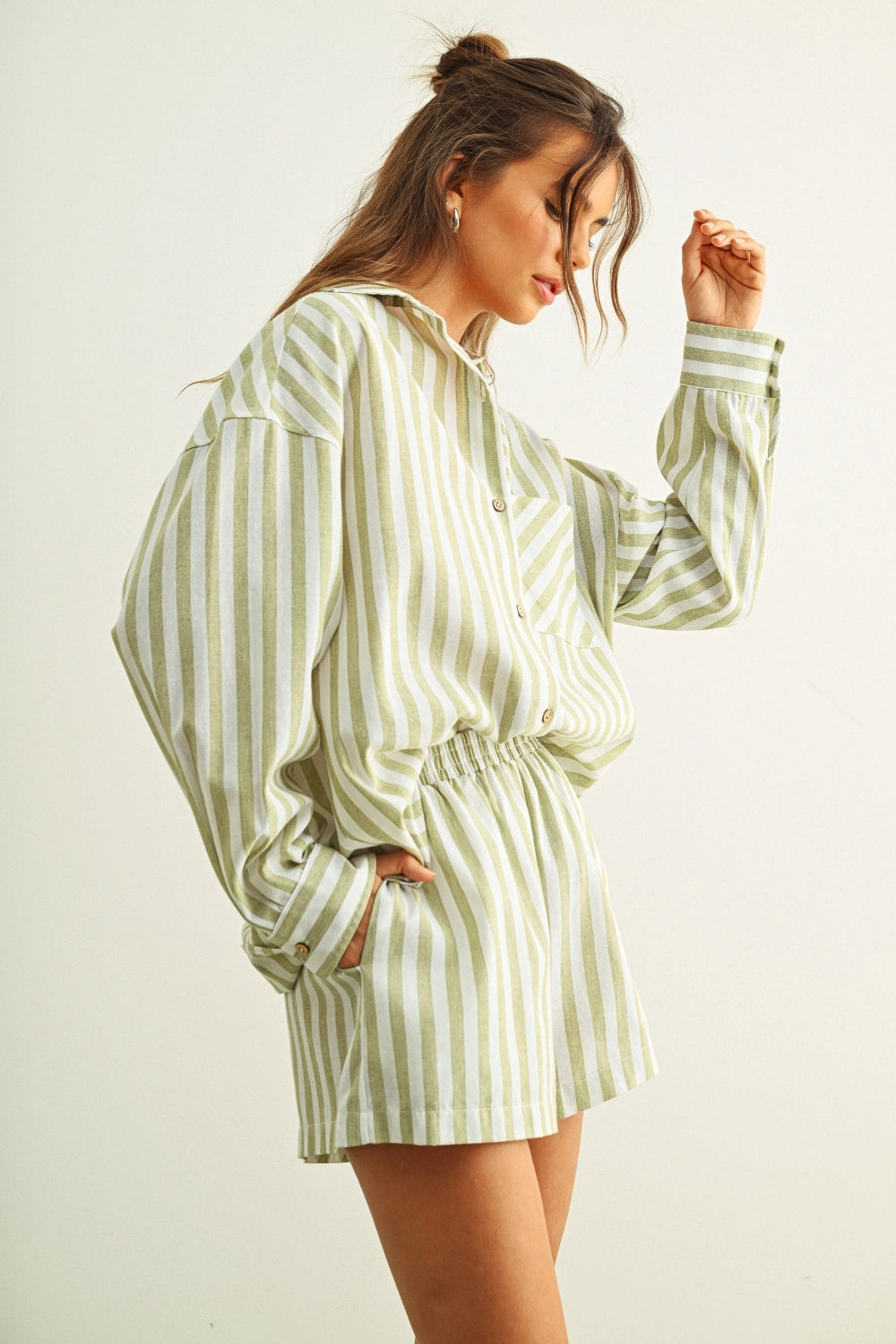 Striped Elastic Waist Shorts - Sage