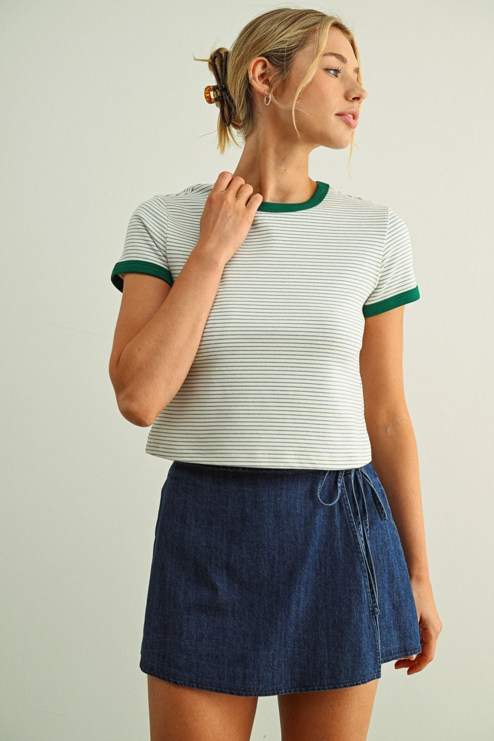 Striped Short Sleeve Ringer Tee - Green