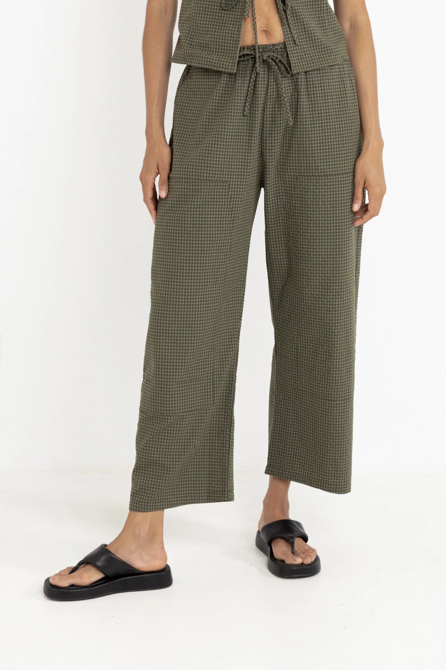 Louise Check Drawstring Pant - Olive