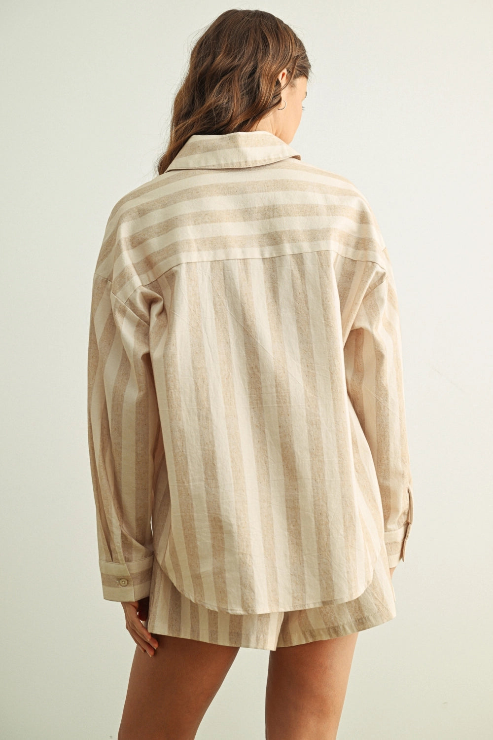 Striped Linen Blend Button-Up Shirt - Oatmeal Stripe