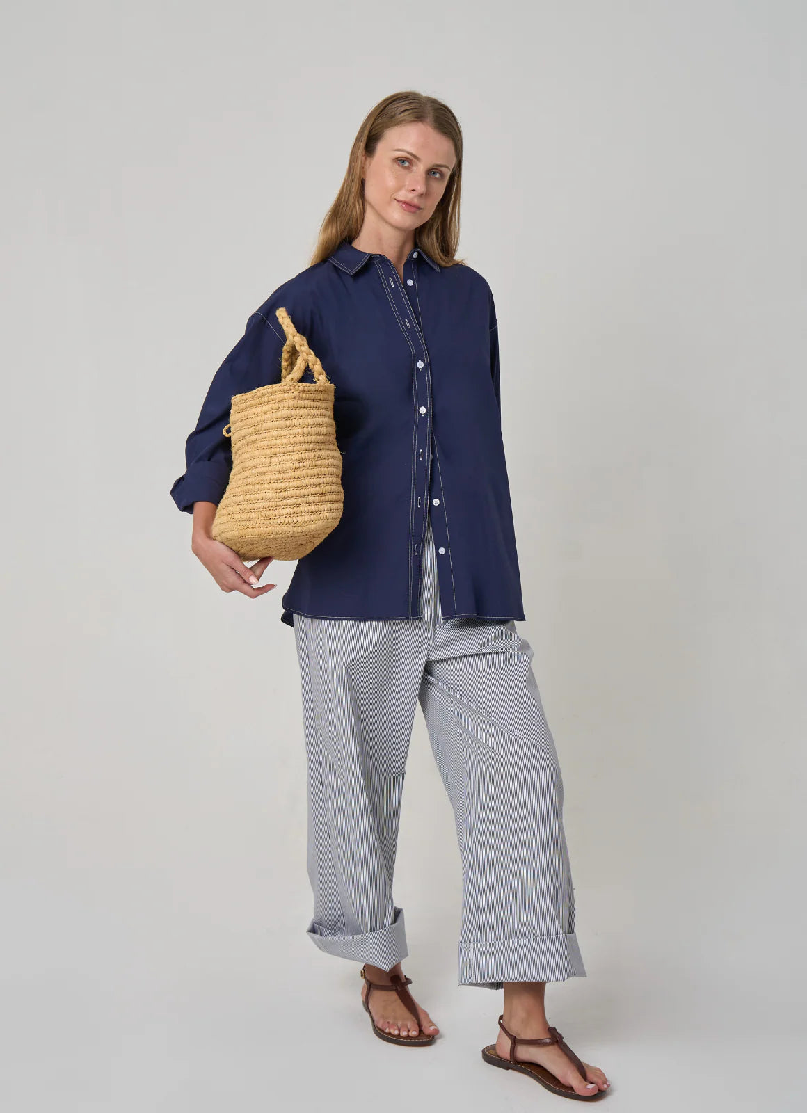 Alyssa Stripe Drawstring in Cotton - Navy/White