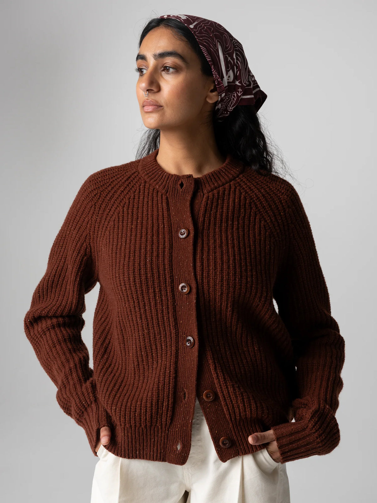 Mora Crew Neck Cardigan - Mahogany Brown