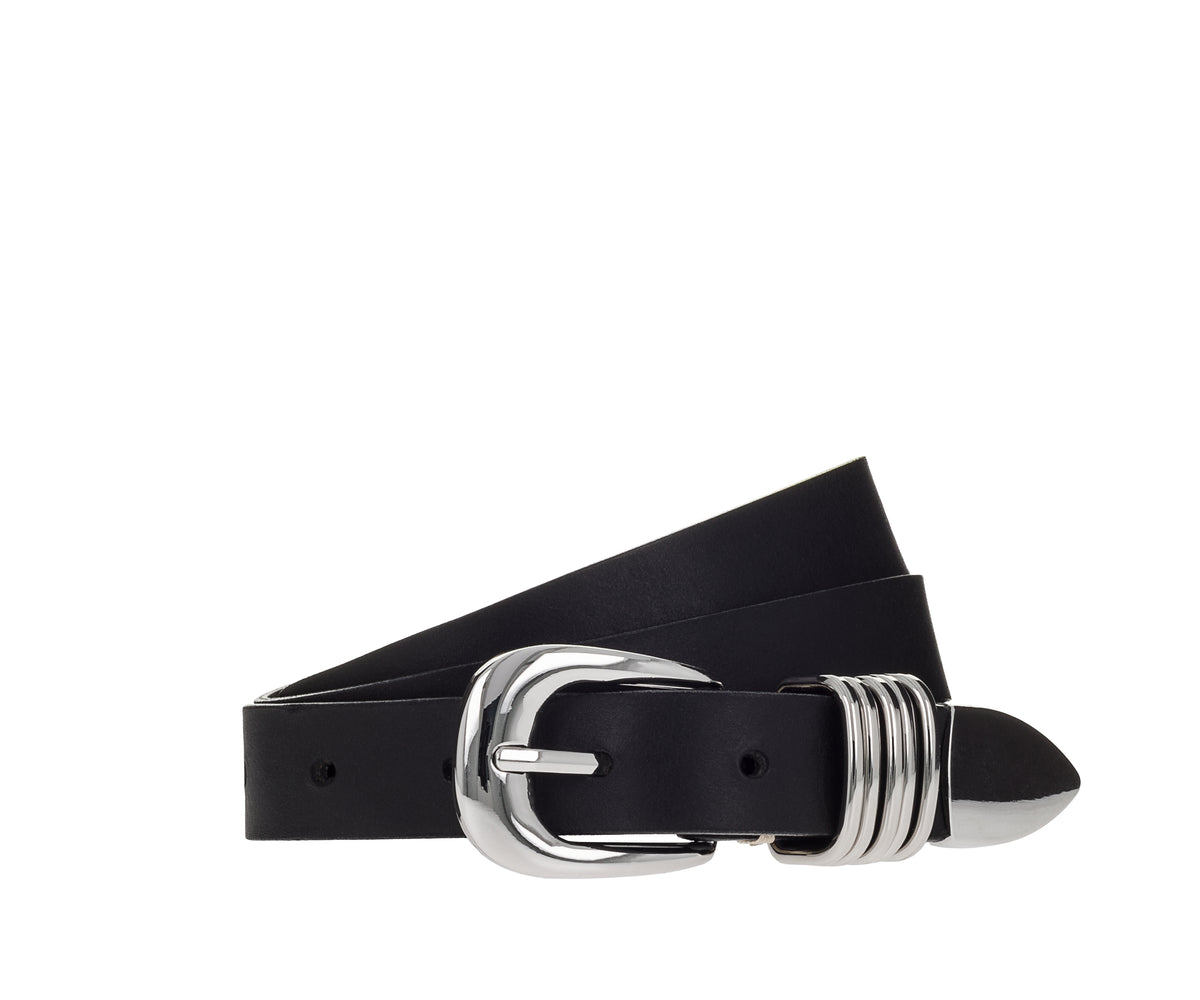 Bella 25 mm Leather Belt - Black with Silver