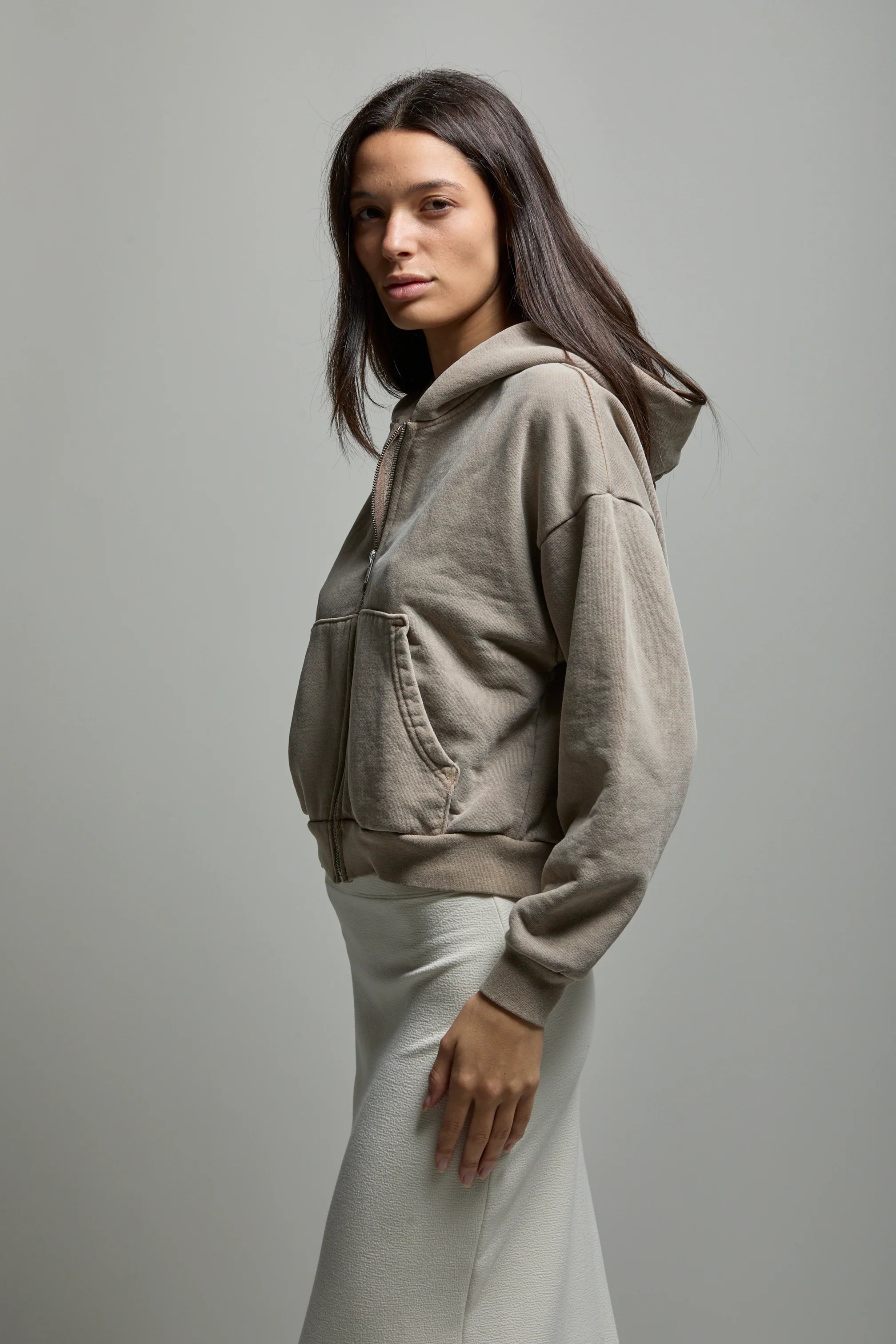 Rosie Cropped Zip Hoodie - Vintage Mushroom