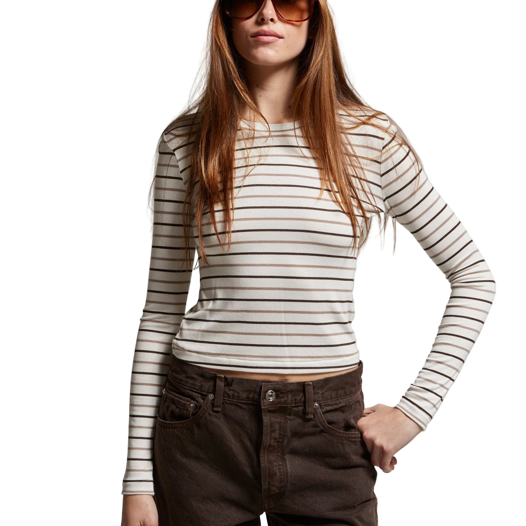 Libby Striped Longsleeve - White/Brown Stripe
